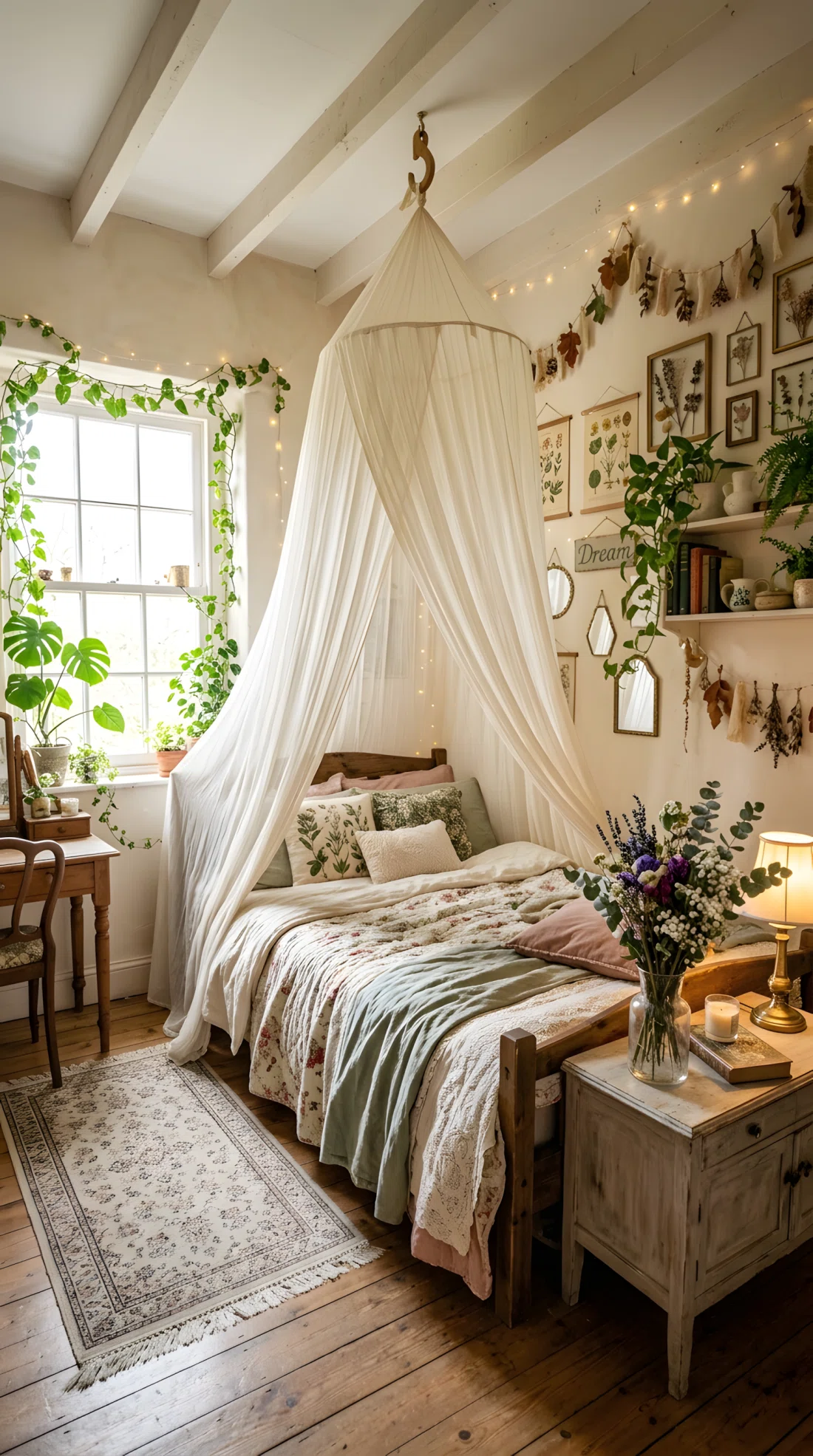 Wide-angle photograph of a fairycore bedroom with a sheer ivory muslin canopy hung from a ceiling hook above the bed, soft diffused sunlight filtering through the fabric from a window on the side, dried flowers on the nightstand, dramatic wide angle showing the full room, vibrant soft tones, stock photography style