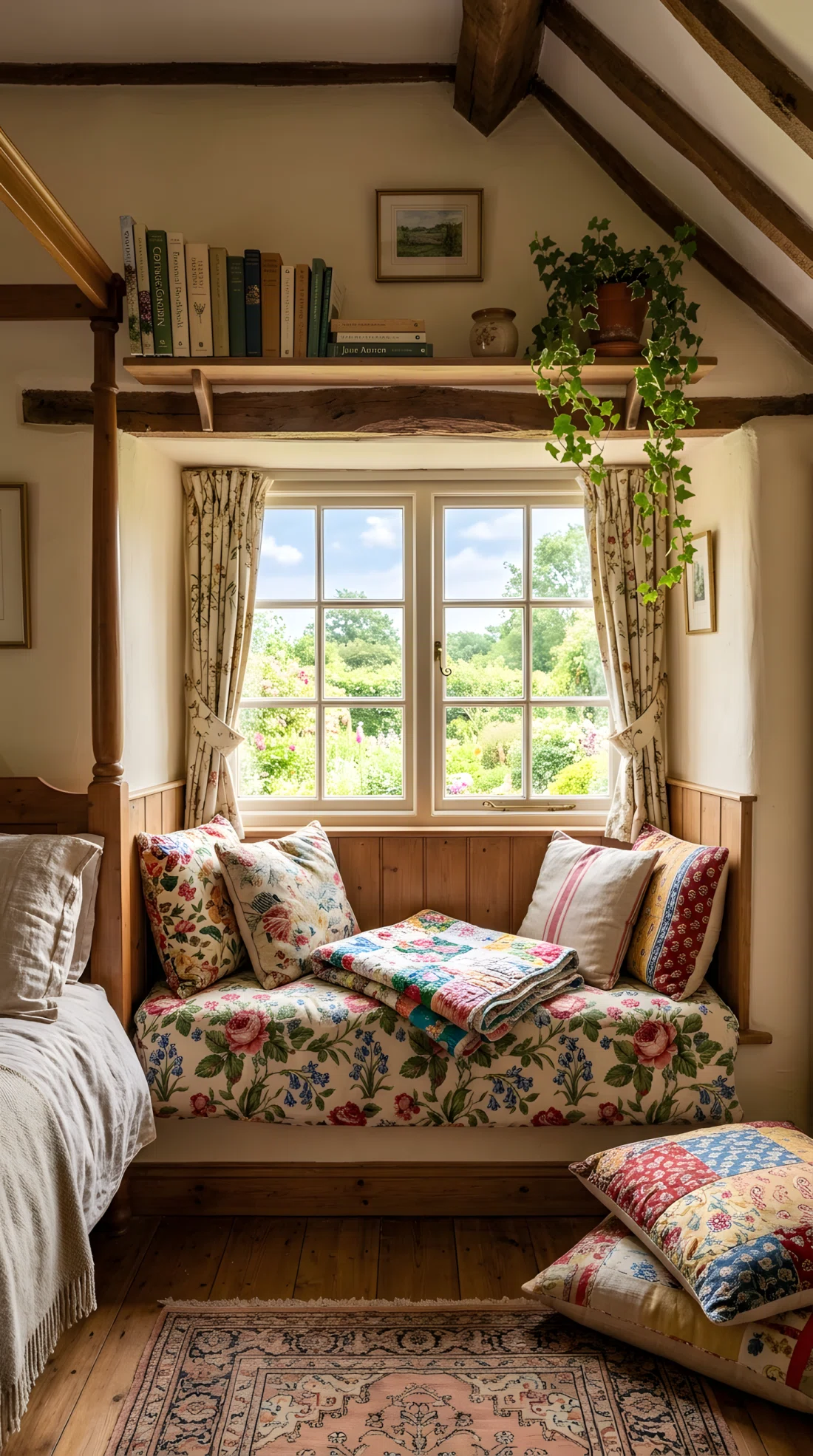Wide-angle photograph of a cozy window seat nook in a cottage bedroom, a cushioned bench beneath a large window piled with floral floor cushions and a folded quilt, a slim wooden shelf above holding books and a small trailing plant, bright natural daylight coming directly through the window, dramatic wide angle capturing the full nook and room, vibrant warm tones, stock photography style