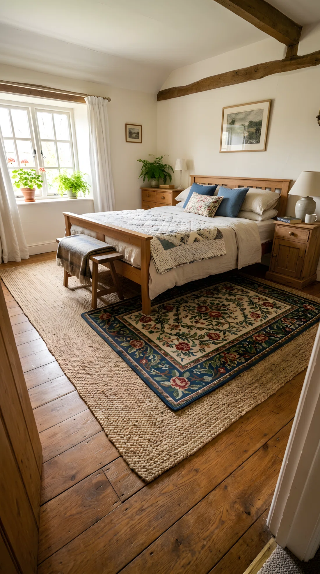 Wide-angle photograph of a cottage bedroom floor with a large jute rug layered under a smaller vintage floral braided rug peeking out at the foot of the bed, warm wood flooring visible around the edges, soft natural light from a nearby window, dramatic low wide angle showing the full floor and room, vibrant tones, stock photography style