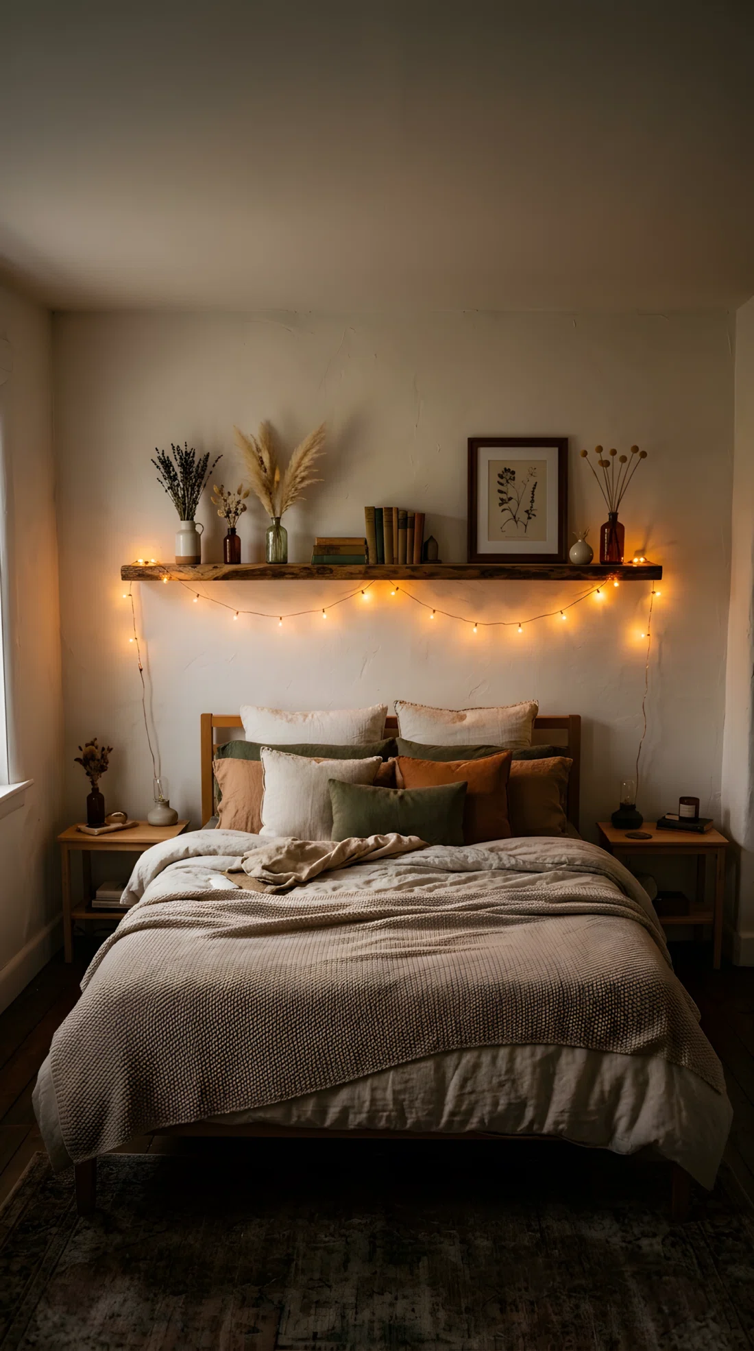Wide-angle photograph of a cottage bedroom wall with a floating wood shelf positioned at headboard height, warm fairy lights strung horizontally along the shelf casting a soft glow low across the wall at eye level, small vases and dried flowers and a framed print styled between the lights, dim evening ambiance with warm vibrant tones, dramatic wide angle of the full wall and bed below, stock photography style