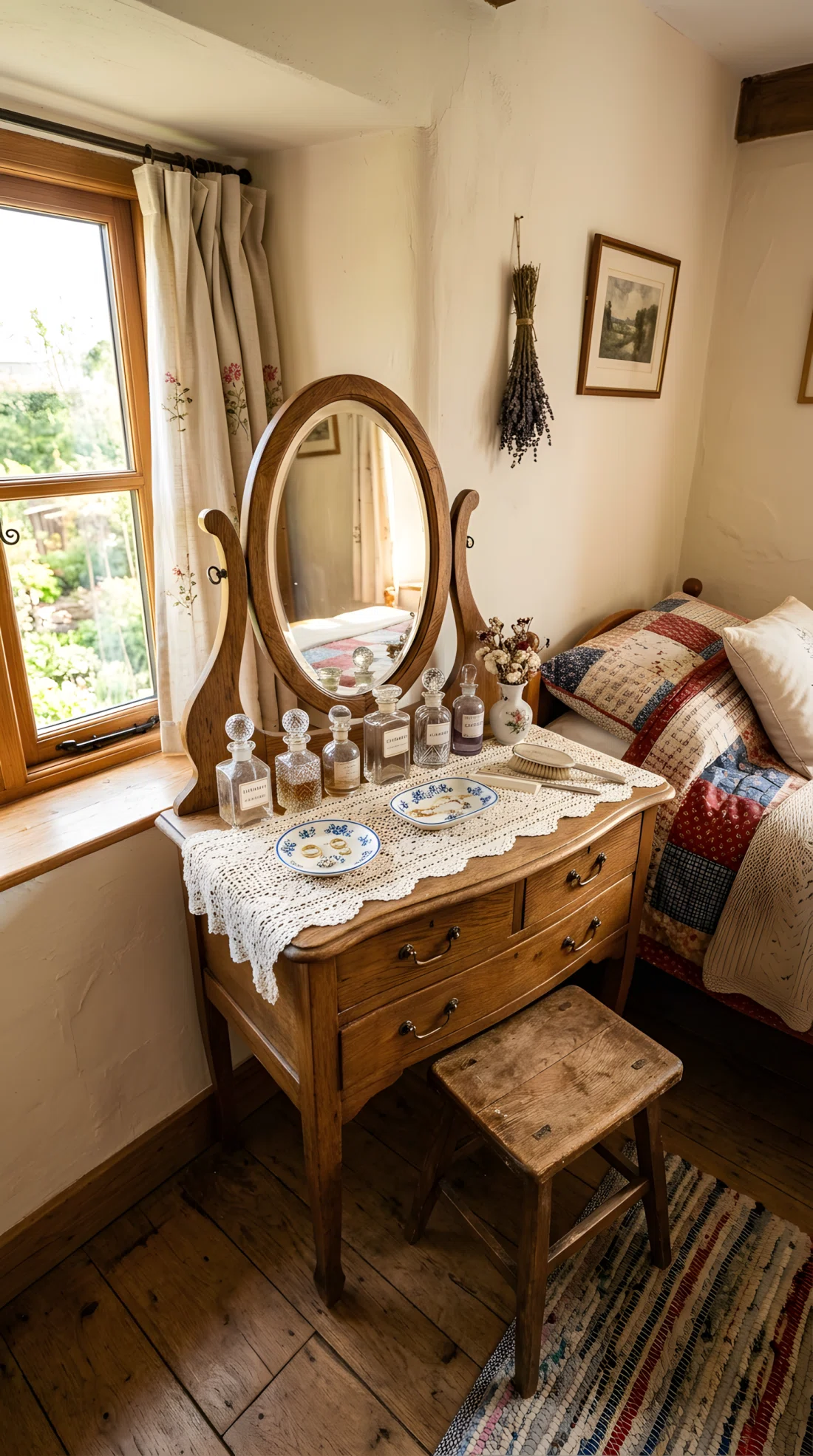 Wide-angle photograph of a small vintage wooden vanity with an oval mirror tucked into a cottage bedroom corner, a lace runner on top with glass perfume bottles and a small ceramic jewelry dish, soft natural morning light coming from a nearby window, dramatic wide angle showing the full corner and room, vibrant warm tones, stock photography style