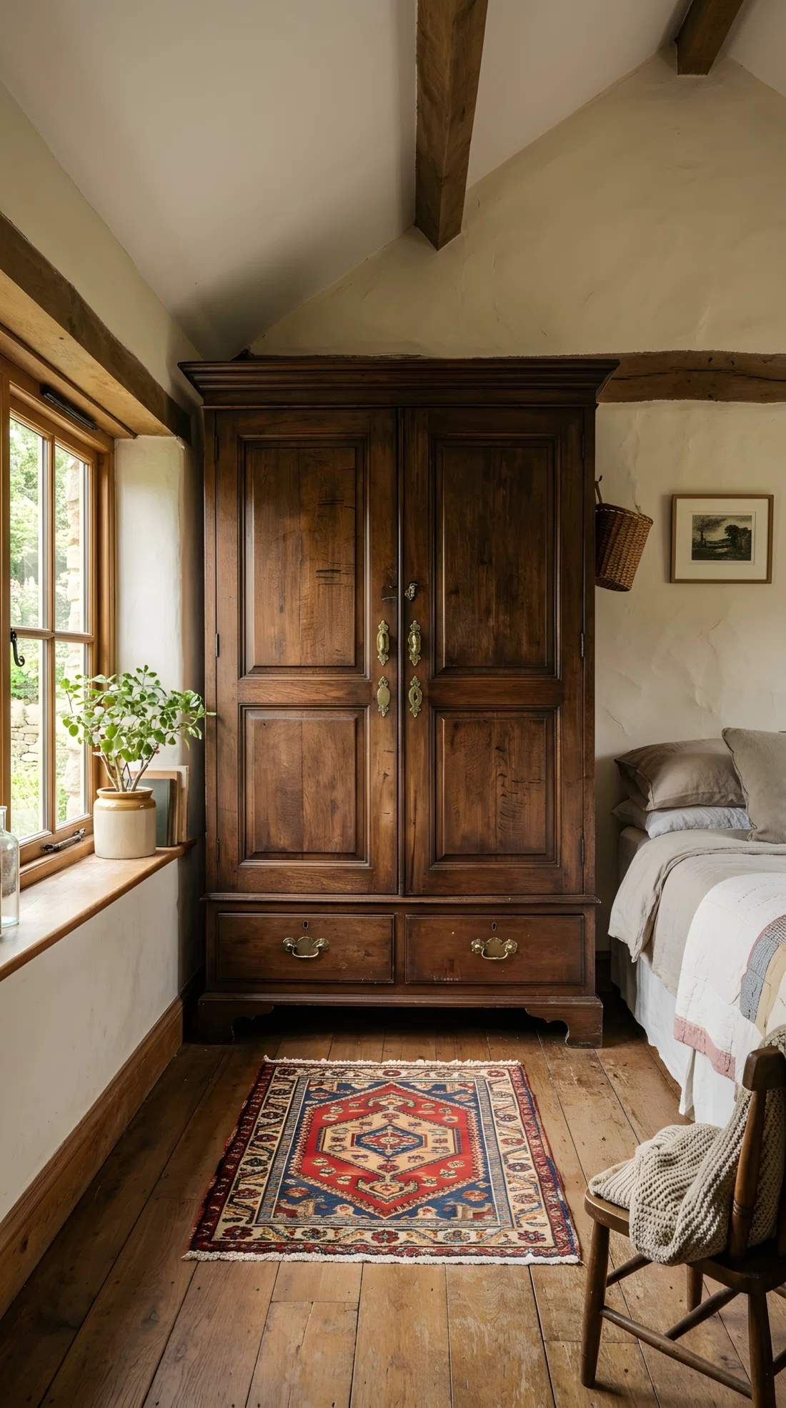 Wide-angle photograph of a large antique wooden wardrobe with brass handles standing against a wall in a cottage bedroom, slightly worn wood grain visible, soft natural daylight from a nearby window, a small woven rug in front, dramatic wide angle capturing the full wardrobe and room, vibrant warm tones, stock photography style