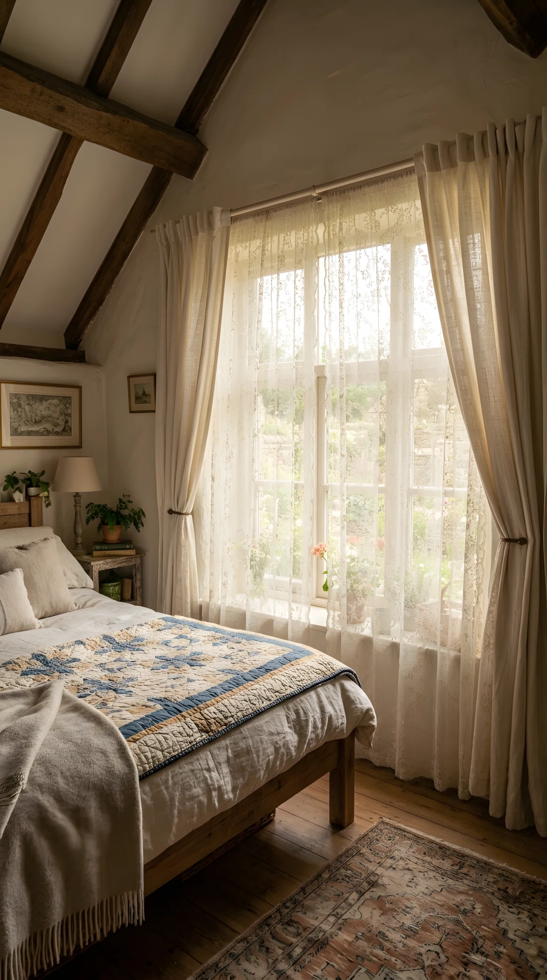 Wide-angle photograph of a cottage bedroom window layered with a sheer lace curtain panel closest to the glass and a heavier cream linen curtain over it, bright natural daylight filtering softly through the lace and casting gentle light across the room, dramatic wide angle showing the full window and bed nearby, vibrant warm tones, stock photography style