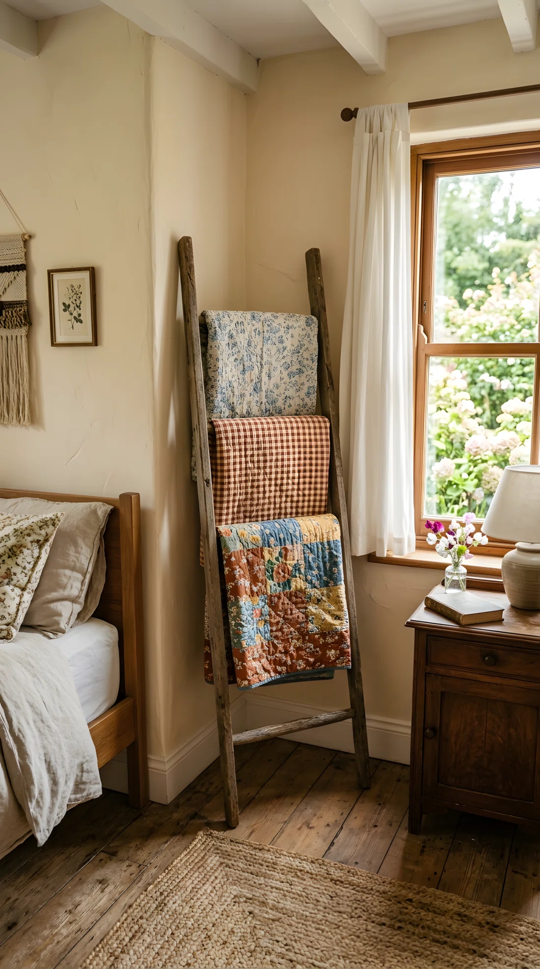 Wide-angle photograph of a wooden blanket ladder leaning in the corner of a cottage bedroom, three folded quilts and throws in complementary vintage floral and gingham patterns draped over the rungs, soft natural light from a nearby window, dramatic wide angle capturing the full corner and room, vibrant warm tones, stock photography style