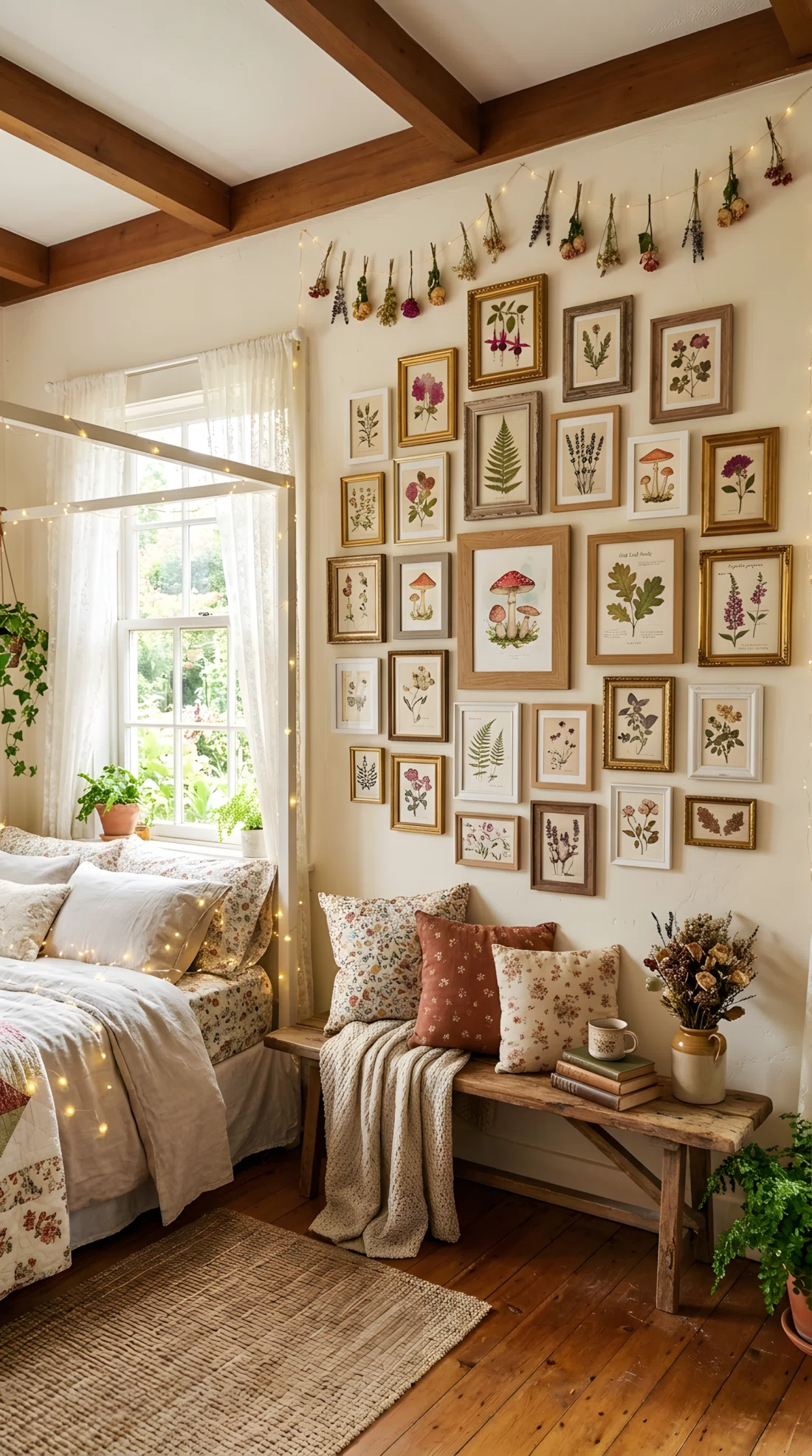 Wide-angle photograph of a gallery wall in a fairycore bedroom, a cluster of mismatched gold, wood, and white frames holding pressed flower and vintage botanical prints hung slightly off-center above a low bench, soft natural daylight from a side window, dramatic wide angle capturing the full wall and room, vibrant tones, stock photography style