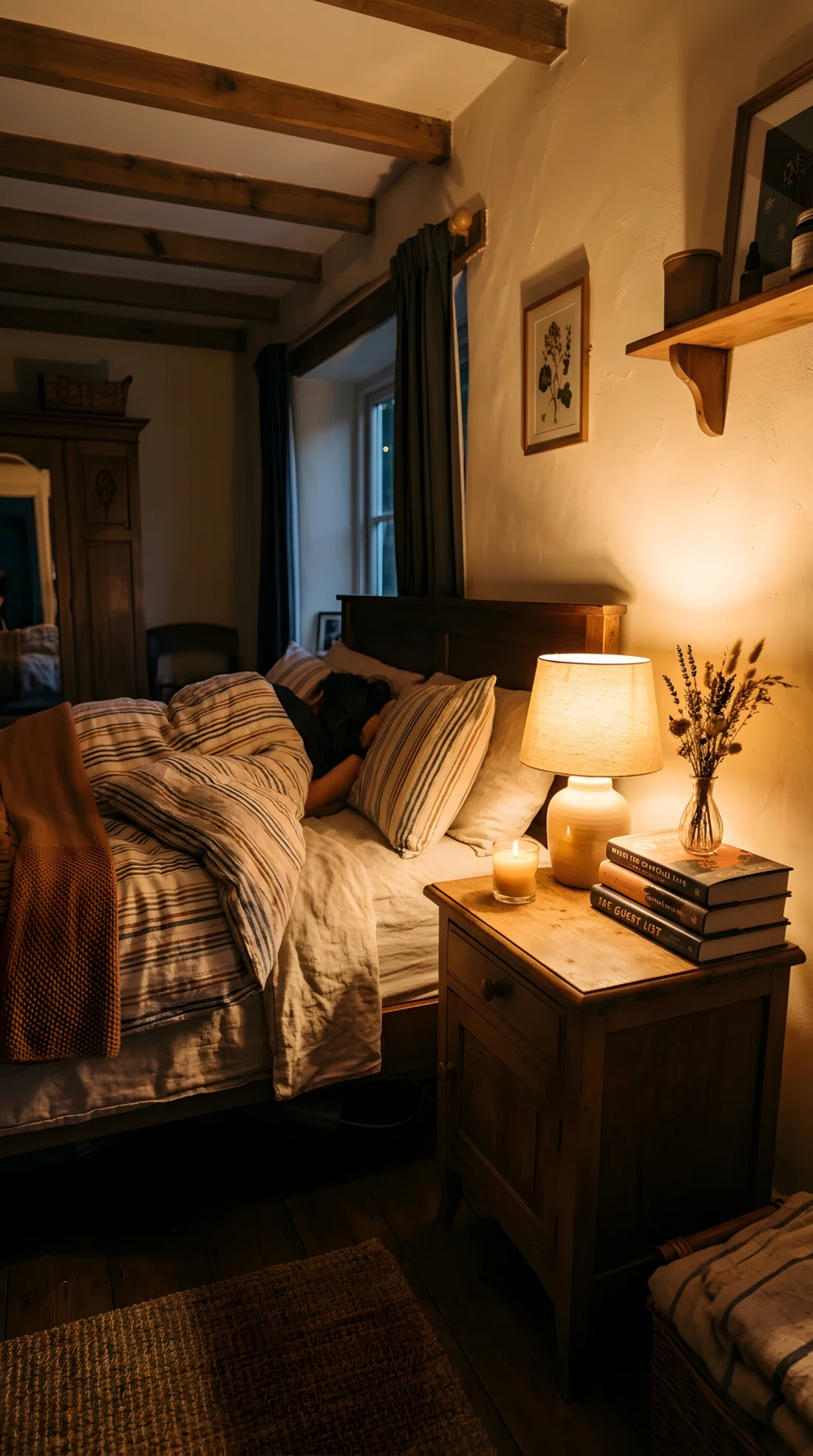 Wide-angle photograph of a nightstand in a cottage bedroom with a small lit candle and a warm-bulb lamp positioned low, casting soft warm light at eye level across the bed and wall, a stack of books and a dried flower in a bud vase beside it, dim cozy evening ambiance, dramatic wide angle of the full bedside scene, vibrant warm tones, stock photography style