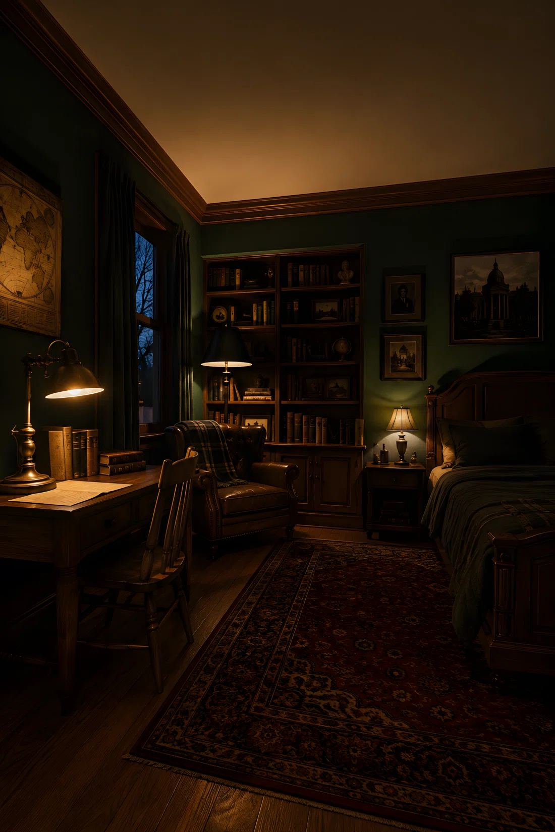 Wide-angle photograph of a dark academia bedroom at dusk. Three distinct light sources at different heights: a brass desk lamp on the left casting a low warm pool of light across a wooden desk, a tall floor lamp beside a leather reading chair throwing light upward onto a bookshelf, and a small bedside lamp on the right glowing softly near a dark wood bed frame. The ceiling light is off, leaving the upper half of the room in soft shadow while the lower half glows warm amber. Deep green walls, visible grain in dark wood furniture, photographic realism, dramatic low camera angle looking slightly upward across the room, vibrant warm tones.
