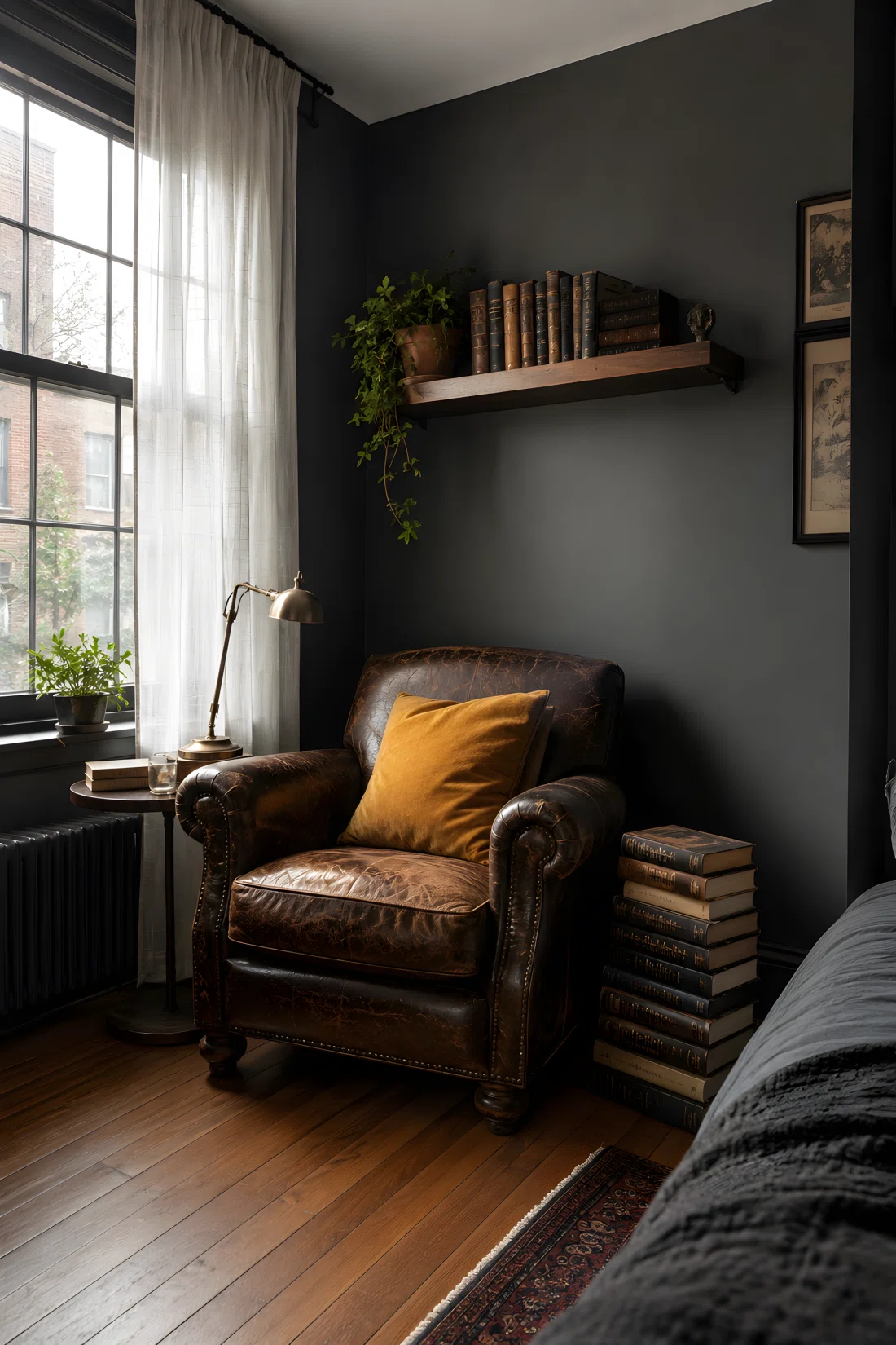 Wide-angle photograph of a corner in a small apartment bedroom converted into a reading nook. A worn leather armchair sits beside a tall window with sheer curtains, a stack of hardcover books on the wooden floor beside it, a slim floating shelf above holding more books and a small potted plant. Dark academia color palette with mustard cushion accent, vibrant natural light spilling in from the window, photographic style, dramatic wide angle capturing the full corner and part of the adjoining wall, realistic textures on leather and paper.