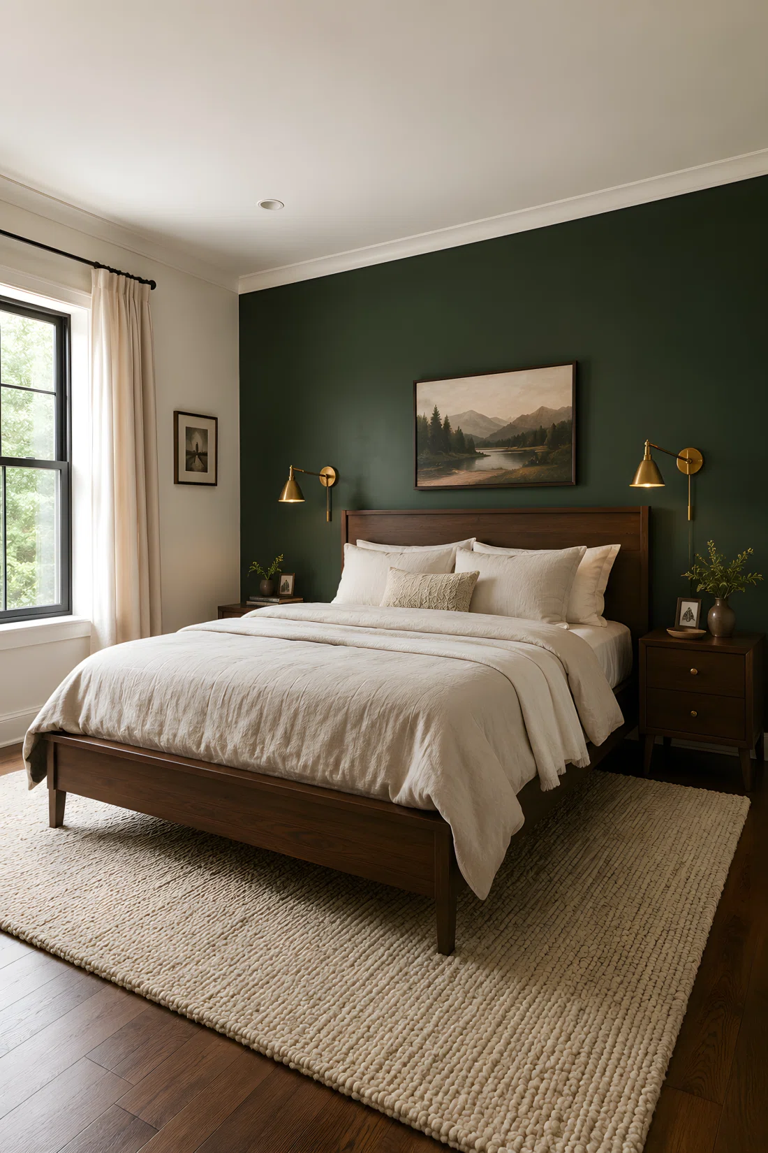 Wide-angle photograph of a bedroom with one accent wall painted deep forest green (RGB 32, 62, 46) behind a dark wood bed frame. The bed has cream colored linen bedding, a cream wool rug on the floor, and brass wall sconces flanking the headboard. Remaining walls are soft off-white (RGB 235, 228, 214). Vibrant, true-to-life color saturation, photographic realism, dramatic wide camera angle capturing the full wall and bed from a slightly low vantage point.