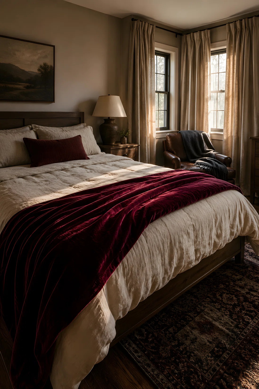 Wide-angle photograph of a bedroom bed with a rich burgundy velvet throw draped across the foot, a folded charcoal wool blanket on a nearby armchair, and heavy oatmeal linen curtains framing the window. Close attention to visible fabric texture and weave, vibrant jewel-toned velvet, natural light raking across the textiles to show depth, photographic style, dramatic wide angle from a low three-quarter view of the room.