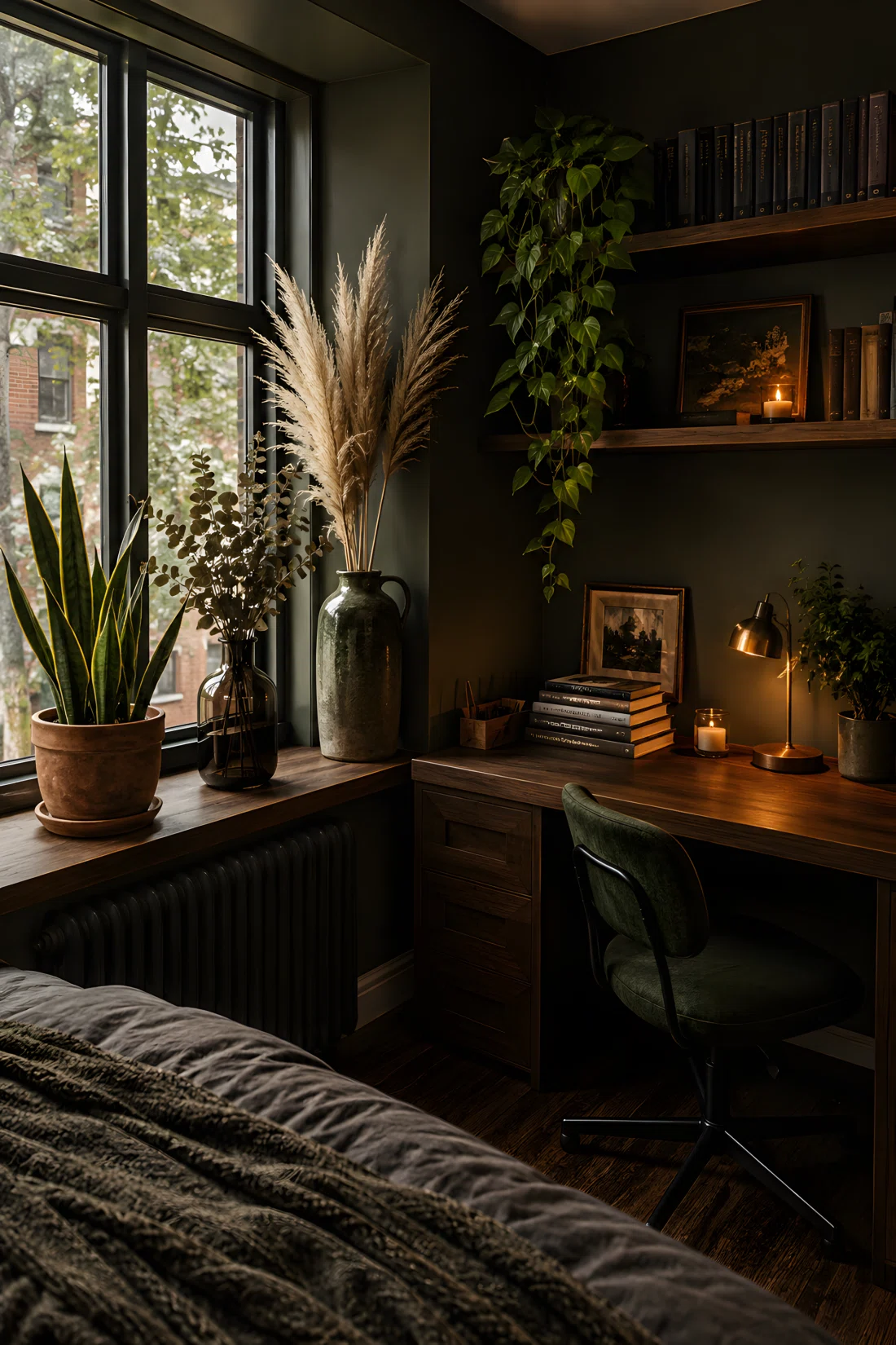 Wide-angle photograph of a bedroom windowsill and desk corner featuring a snake plant in a weathered terracotta pot, a bundle of dried eucalyptus in a dark glass vase, and pampas grass stems in a tall ceramic jug beside a stack of books. Dark wood surfaces, deep green and amber tones throughout, vibrant natural greenery contrasted against moody backdrop, photographic realism, dramatic wide angle showing the full desk and windowsill from a slightly elevated viewpoint.