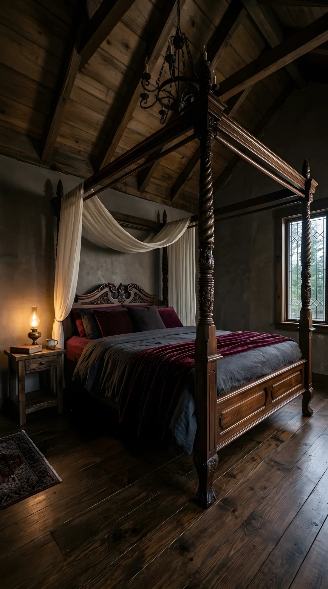 Wide-angle photograph of a dark walnut four-poster bed with tall carved posts, a single sheer ivory panel draped only across the back rail, dark bedding in deep burgundy and charcoal tones. Room has minimal other furniture, one small nightstand, wooden floor visible. Vibrant warm undertones in the wood grain, photographic realism, dramatic low wide camera angle emphasizing the height of the posts against the ceiling.