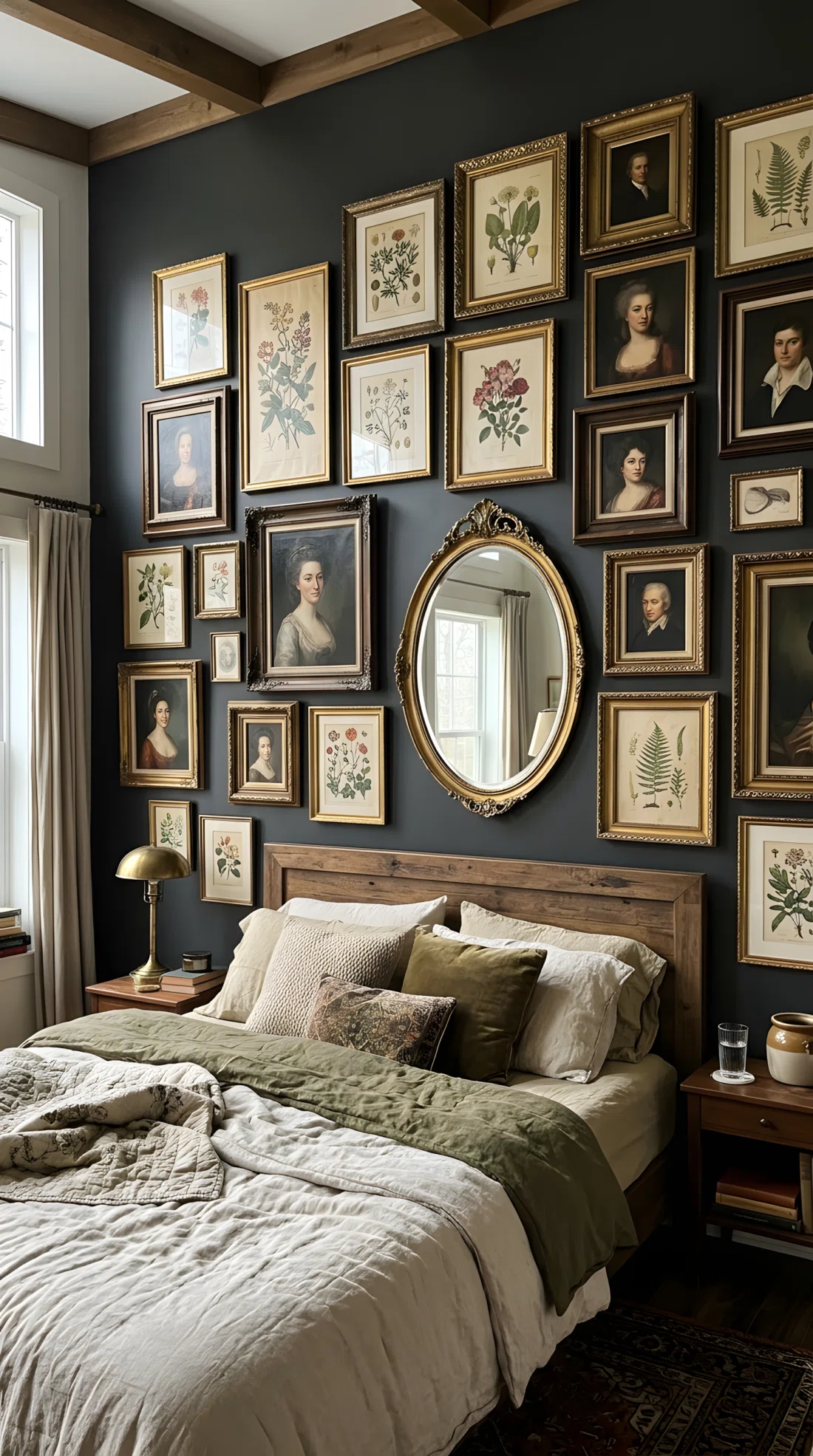 Wide-angle photograph of a wall above a bed covered in a loose, uneven grid of mismatched vintage picture frames in tarnished gold and dark walnut finishes, including one ornate oval mirror reflecting soft window light. Frames hold a mix of botanical prints and classical portraits. Vibrant gold tones against a deep charcoal wall, photographic realism, dramatic wide angle capturing the full wall and part of the bed below.