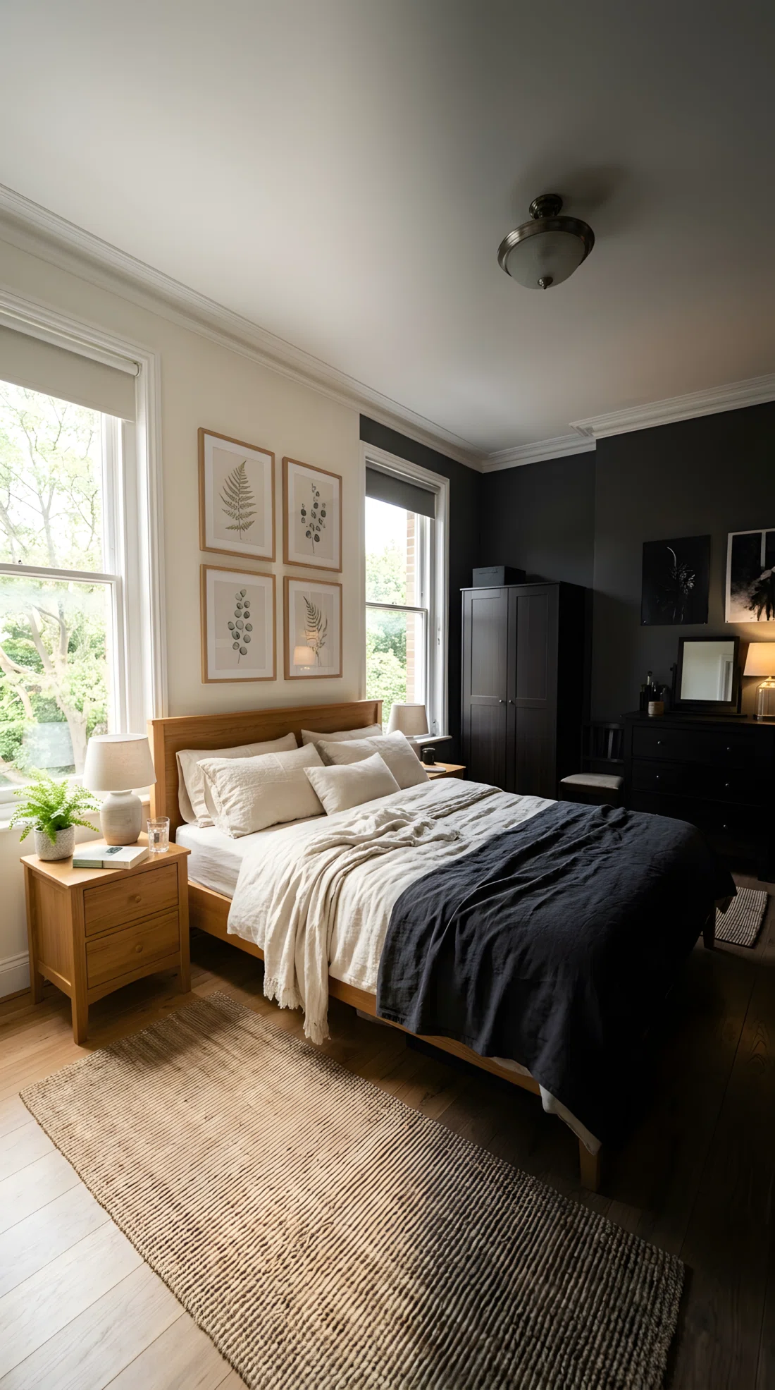 Wide-angle photograph of a bedroom split between two moods: one corner with cream linen bedding, honey-toned oak furniture (RGB 201, 164, 116), and pale botanical prints on the wall, the rest of the room in deep charcoal and espresso tones. Clear visual contrast between the two zones. Vibrant natural light in the cream corner fading into the moodier half. Photographic realism, dramatic wide angle capturing both zones in one frame.