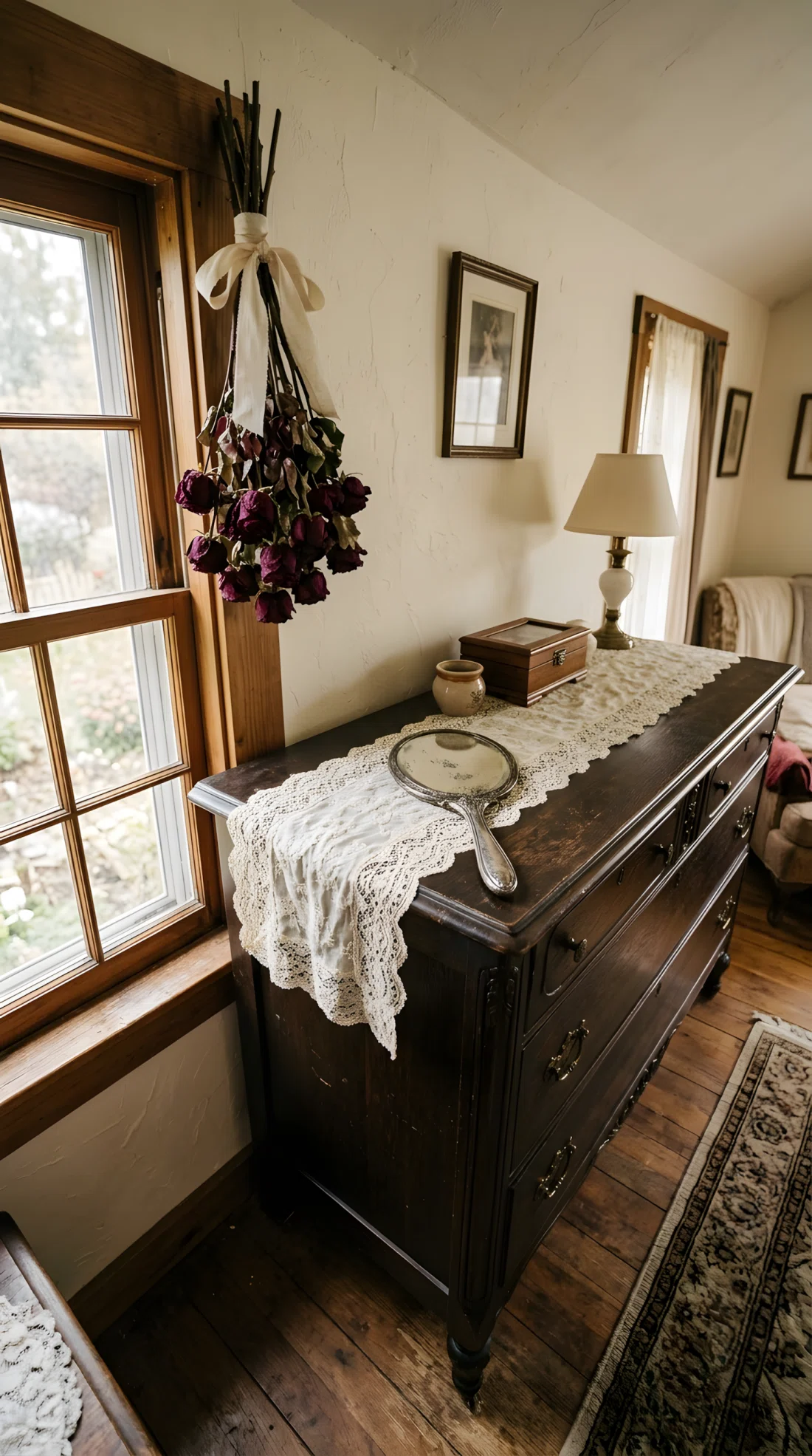 Wide-angle photograph of a dark wood dresser with an ivory lace runner draped across the top, an antique hand mirror with tarnished silver handle resting on it, and a cluster of dried burgundy roses hanging upside down from a ribbon near a nearby window. Soft light falls from the window onto the lace and roses. Vibrant deep red and cream tones, photographic realism, dramatic wide angle capturing the dresser, mirror, and hanging roses together.