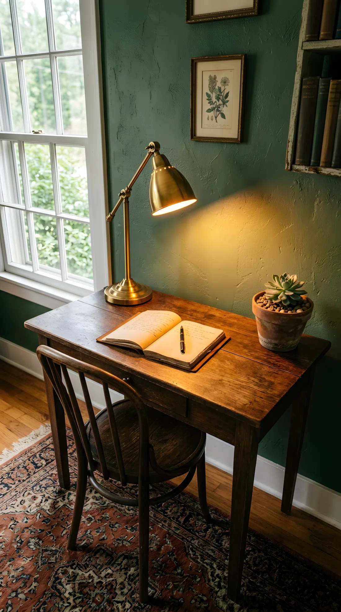Wide-angle photograph of a slim vintage wooden desk pushed against a wall, holding a brass desk lamp switched on, an open leather-bound notebook with a fountain pen, and one small succulent in a terracotta pot. Chair tucked in, dark wood tones, mostly clear surface. Vibrant warm light from the lamp illuminating the desk area, photographic realism, dramatic wide angle showing the desk and surrounding wall from a slightly elevated three-quarter view.