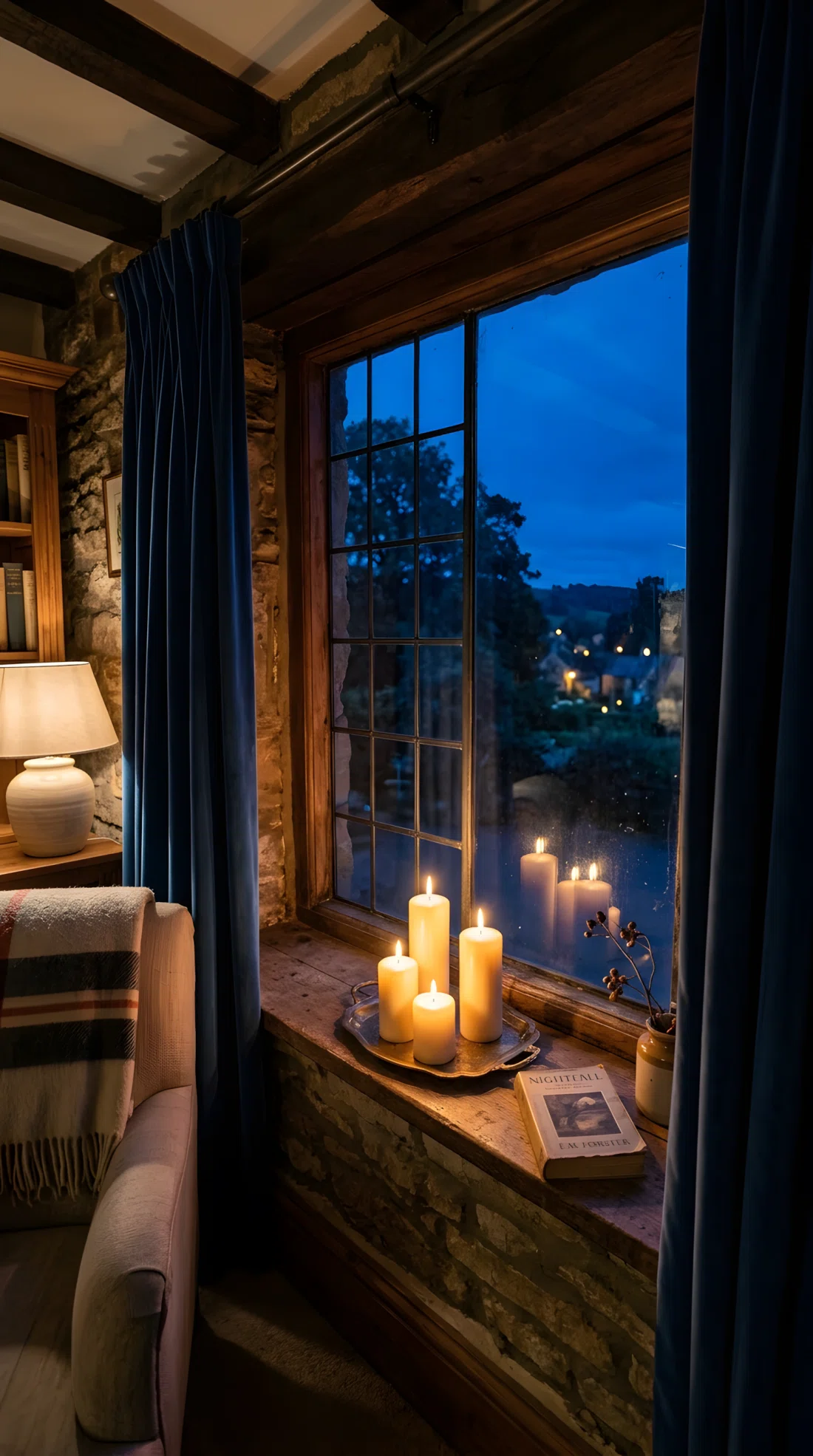 Wide-angle photograph of a windowsill at dusk with a cluster of four pillar candles of varying heights burning on a small brass tray, positioned close to the glass so their flames reflect faintly in the window. Dark curtains framing the scene, deep blue evening light outside contrasting with warm candle glow inside. Vibrant warm and cool color contrast, photographic realism, dramatic wide angle capturing the full window and part of the room.