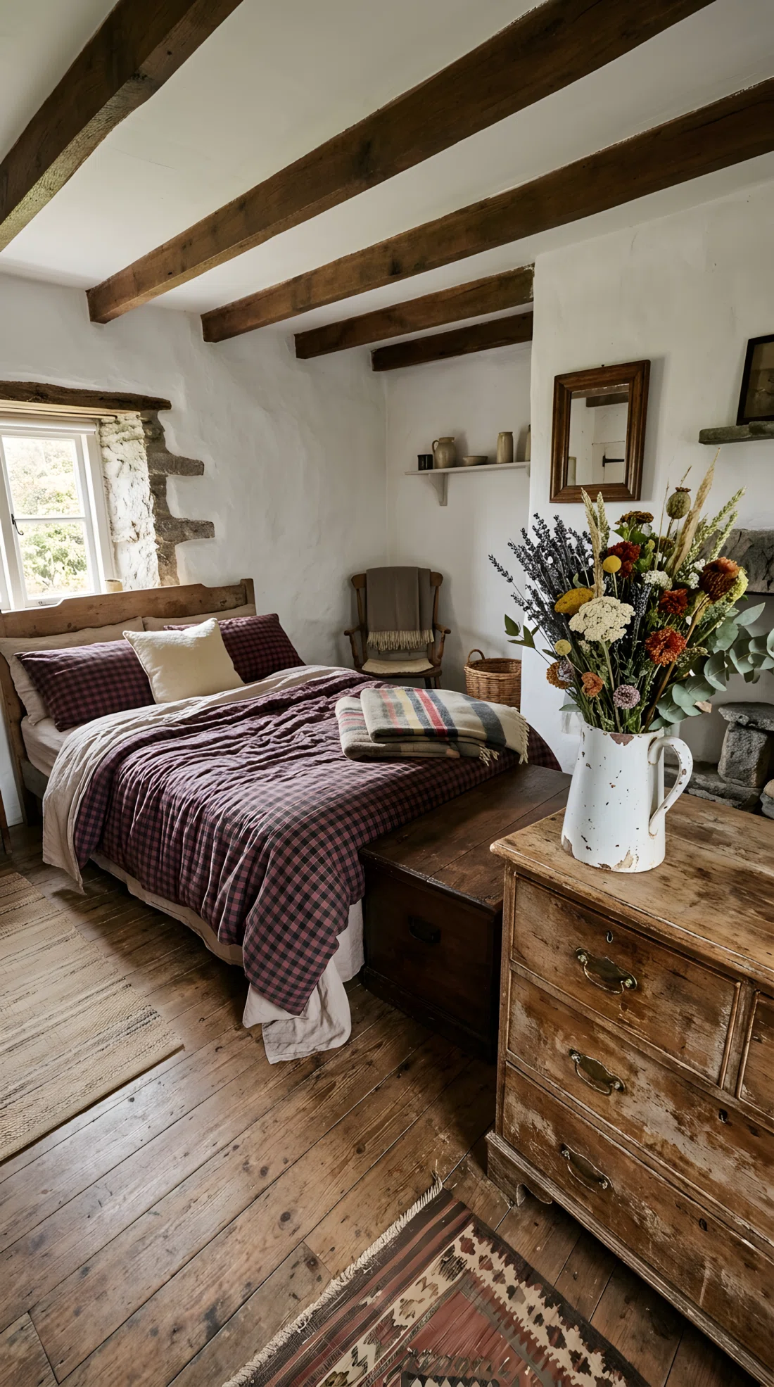Wide-angle photograph of a bed dressed in a deep burgundy and forest green gingham duvet, with a chipped white ceramic pitcher holding dried lavender and wildflowers on a nearby wooden dresser. Rustic wood floor, soft worn textures throughout. Vibrant natural tones in the flowers against the muted plaid pattern, photographic realism, dramatic wide angle capturing the bed and dresser together.