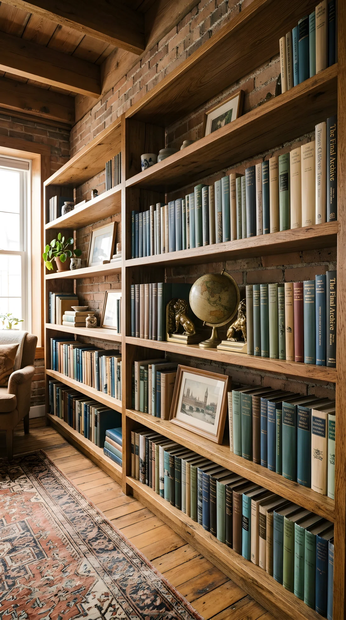 Wide-angle photograph of open wooden wall shelves styled with books sorted by height, interrupted by a pair of heavy brass bookends, a small vintage globe, and a framed postcard leaning casually against a stack of spines. Warm wood tones, visible dust-free but lived-in styling. Vibrant brass accents catching light, photographic realism, dramatic wide angle capturing the full shelving unit from a straight-on but slightly low vantage point.