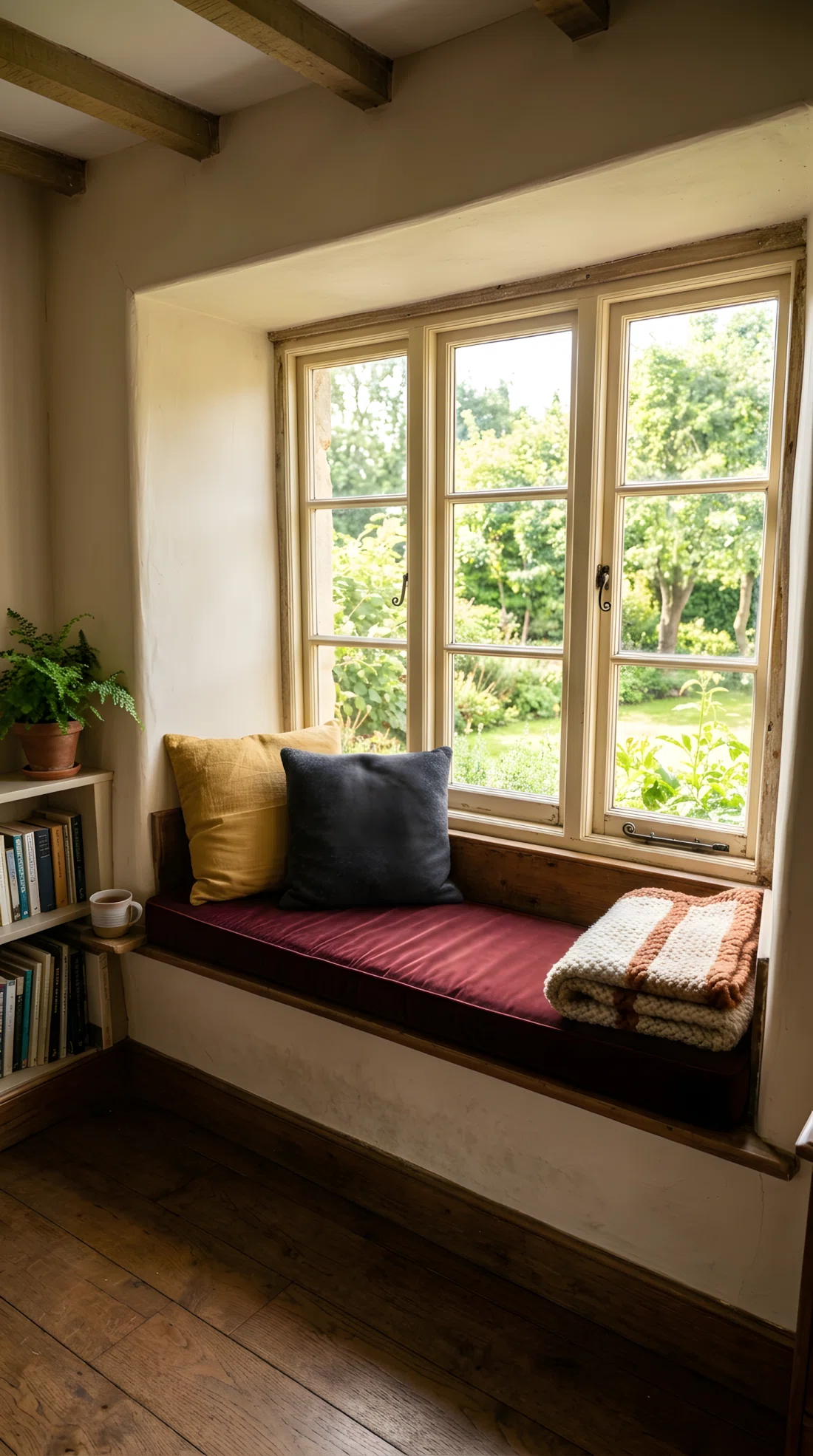 Wide-angle photograph of a deep windowsill converted into a seating nook, fitted with a deep oxblood cushion, two mismatched throw pillows in charcoal and mustard, and a folded wool blanket at one end. Natural light streaming through the window onto the seat. Vibrant rich cushion colors, photographic realism, dramatic wide angle capturing the full window seat and the wall around it.