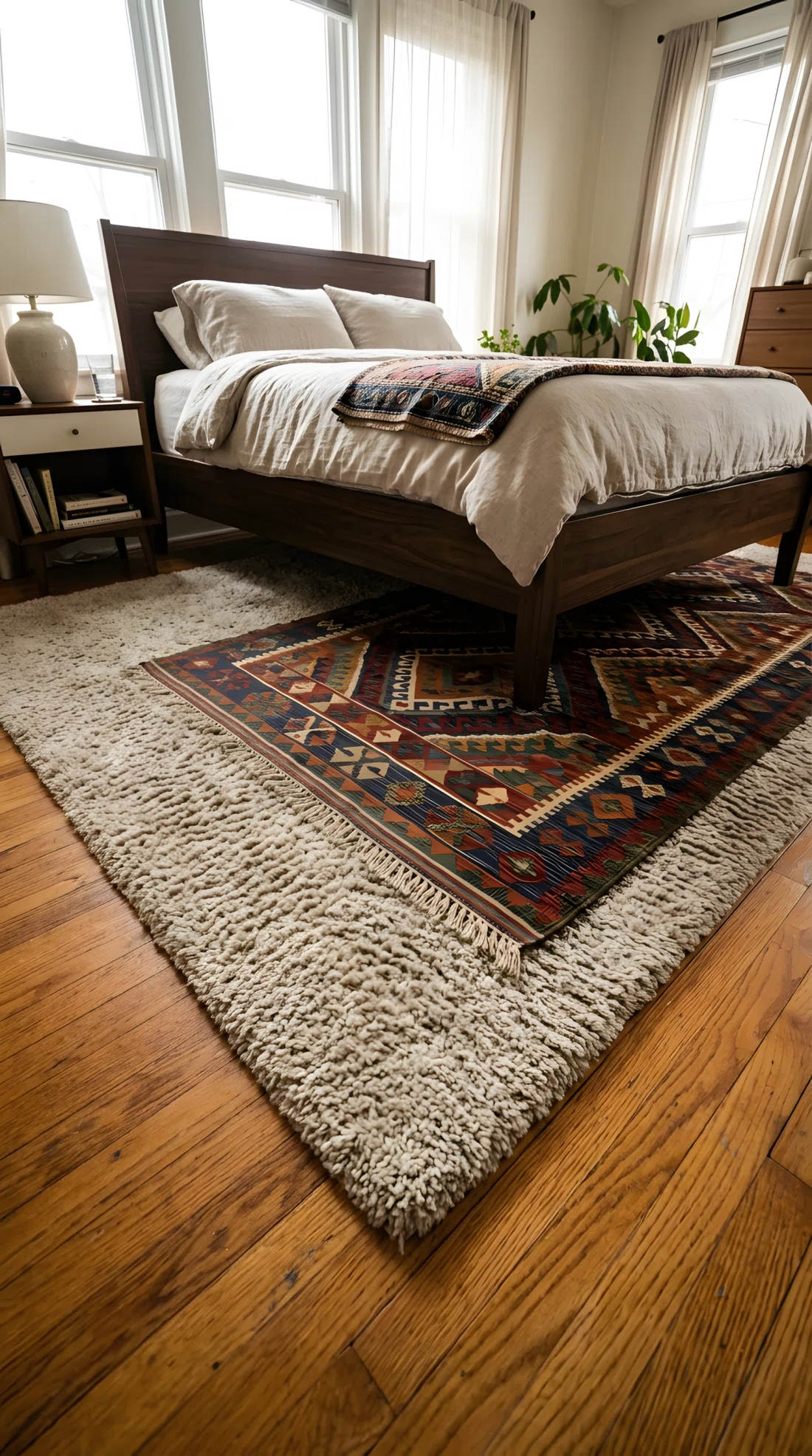 Wide-angle photograph of a bedroom floor with a small patterned kilim rug layered on top of a larger plush neutral rug, positioned at the foot of a dark wood bed. Visible texture contrast between flat weave and plush pile. Warm wood floor peeking out at the edges. Vibrant muted jewel tones in the patterned rug, photographic realism, dramatic wide angle looking down and across the floor from a low camera position.