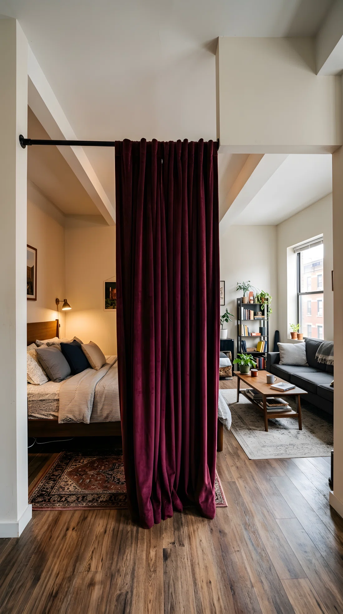 Wide-angle photograph of a studio apartment with a heavy deep burgundy velvet curtain hung from a black tension rod, partially drawn to separate a bed area from the rest of the room. Visible fabric texture and folds, dark wood bed frame glimpsed through the gap. Vibrant rich curtain color against neutral walls, photographic realism, dramatic wide angle capturing the full curtain and both sides of the divided space.