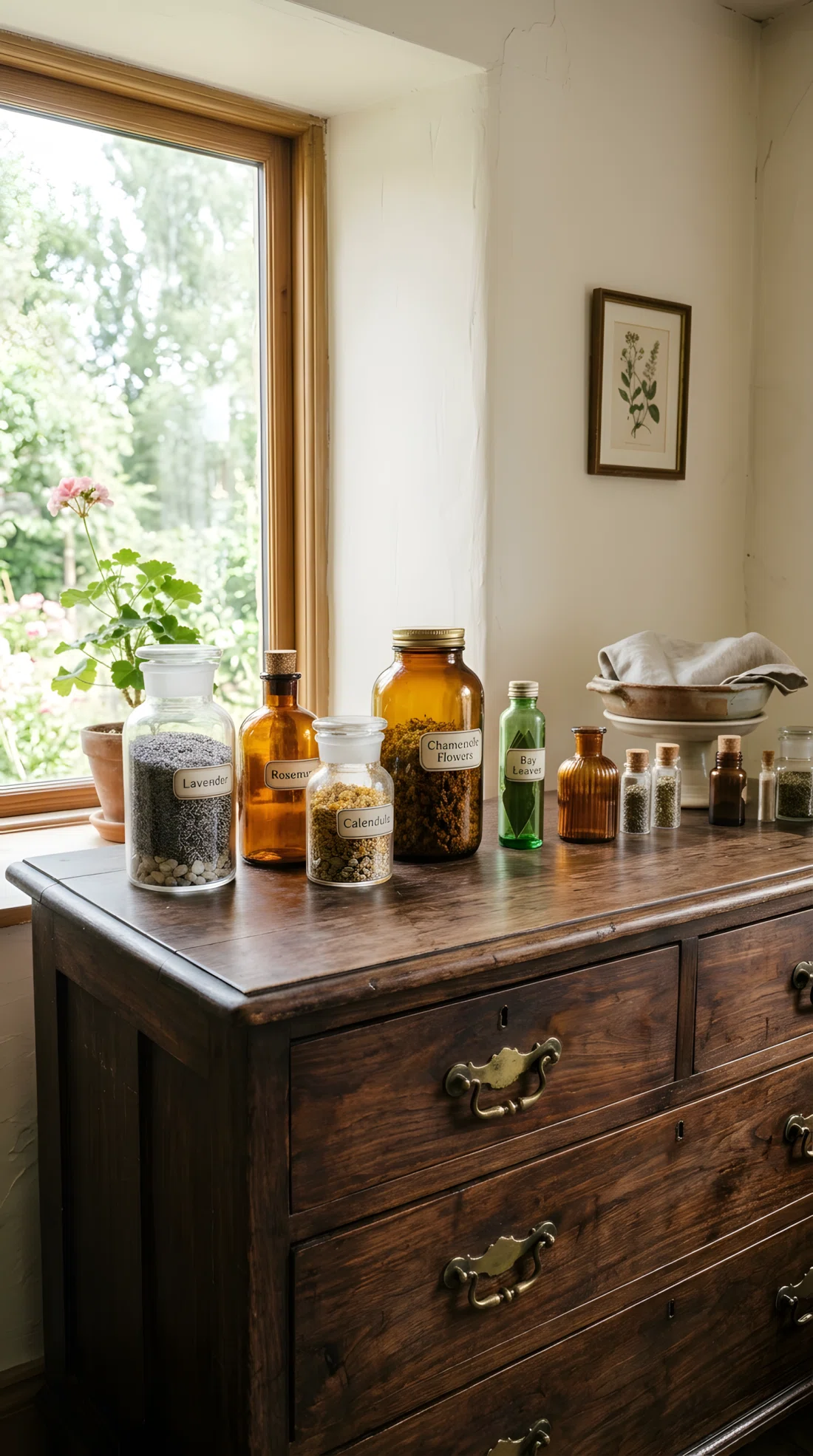 Wide-angle photograph of a wooden dresser top styled with a row of apothecary glass jars and amber bottles at varying heights, two filled with dried herbs and small pebbles, catching soft window light. Dark wood surface, brass drawer handles visible. Vibrant amber and green tones in the glass, photographic realism, dramatic wide angle capturing the full dresser top and part of the wall behind.