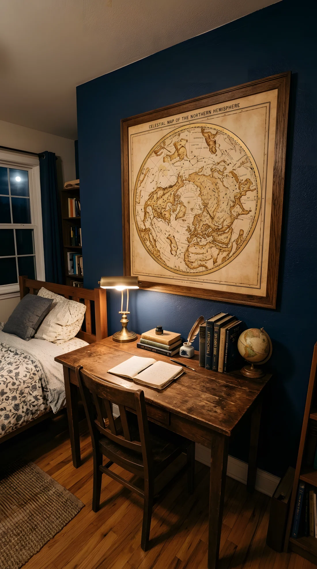 Wide-angle photograph of a study desk with a large framed vintage star chart hanging on the wall above it in a simple dark wood frame, positioned at eye level for someone seated. Desk below holds a lamp and a few books. Warm aged paper tones in the map contrasting with dark wall. Vibrant sepia and gold detailing, photographic realism, dramatic wide angle capturing the framed piece and the desk together.