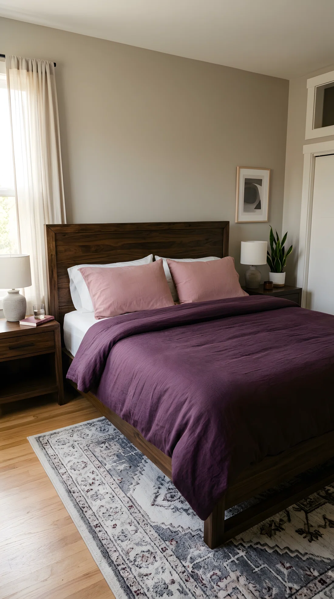 Wide-angle photograph of a neatly dressed bed with a deep plum duvet cover (RGB 74, 40, 60) paired with two dusty rose pillowcases (RGB 196, 154, 152), set against a dark wood bed frame. Neutral wall behind, soft natural light from the side. Vibrant plum and rose tones standing out clearly, photographic realism, dramatic wide angle capturing the full bed from a slightly elevated three-quarter view.