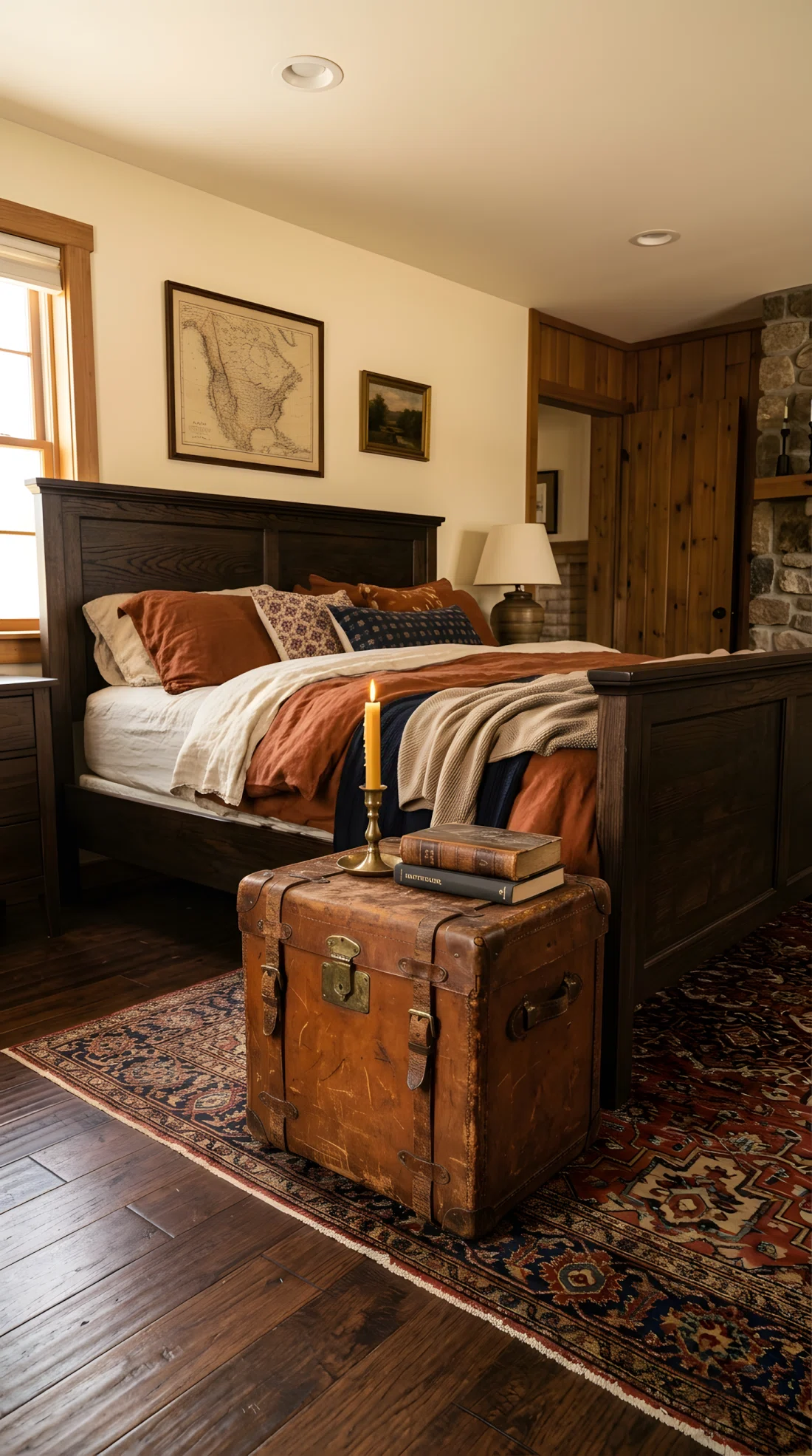 Wide-angle photograph of a small weathered leather storage trunk positioned as a bedside table next to a dark wood bed, topped with a brass candle holder and a stack of two books. Visible metal hardware and worn leather texture on the trunk. Vibrant warm brown tones, photographic realism, dramatic wide angle from a low three-quarter view showing the trunk beside the full bed.
