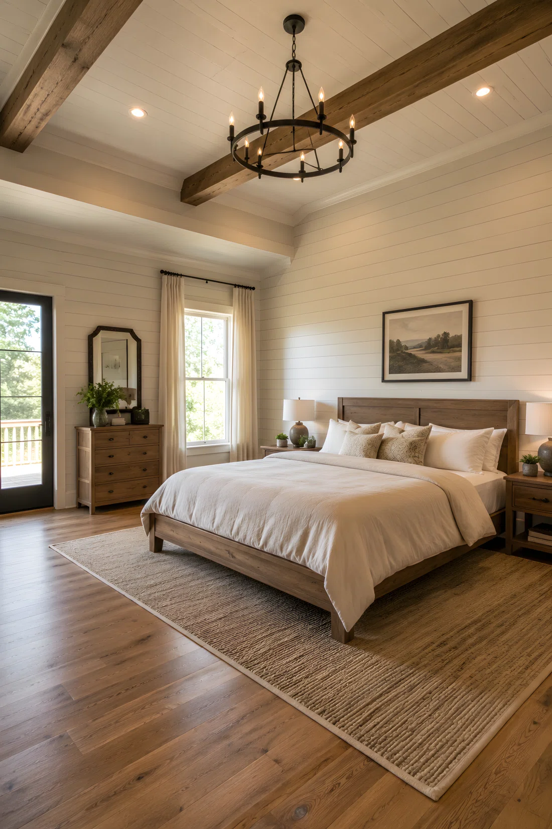 Wide-angle photographic shot of a modern farmhouse bedroom, real-life setting, shiplap paneled wall painted soft warm white behind a low wood bed frame, neatly made bedding, morning light entering from a side window, vibrant natural color tones, entire room visible, dramatic wide camera angle showing depth from floor to ceiling, clean and organized styling, shot on a DSLR with natural bright light, no people, high detail, stock photography style.