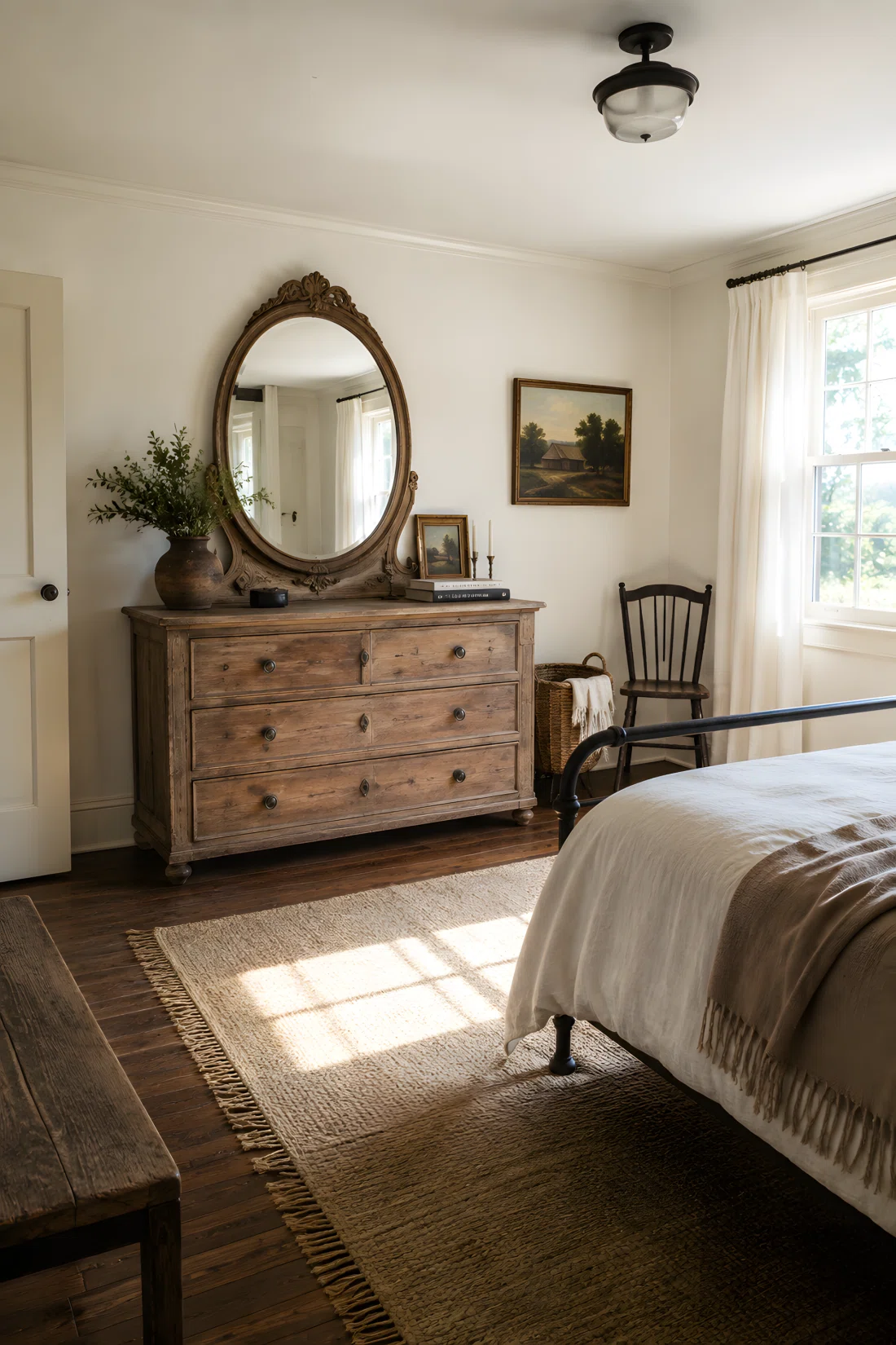 Wide-angle photographic shot of a farmhouse bedroom, real-life setting, a weathered carved wood dresser with an antique oval mirror as the clear focal point against a plain neutral wall, surrounding furniture kept minimal and organized, bright natural daylight streaming from a nearby window, vibrant warm tones, full room visible in frame, dramatic wide angle perspective, clean and neatly arranged space, stock photography style, no people, high detail.