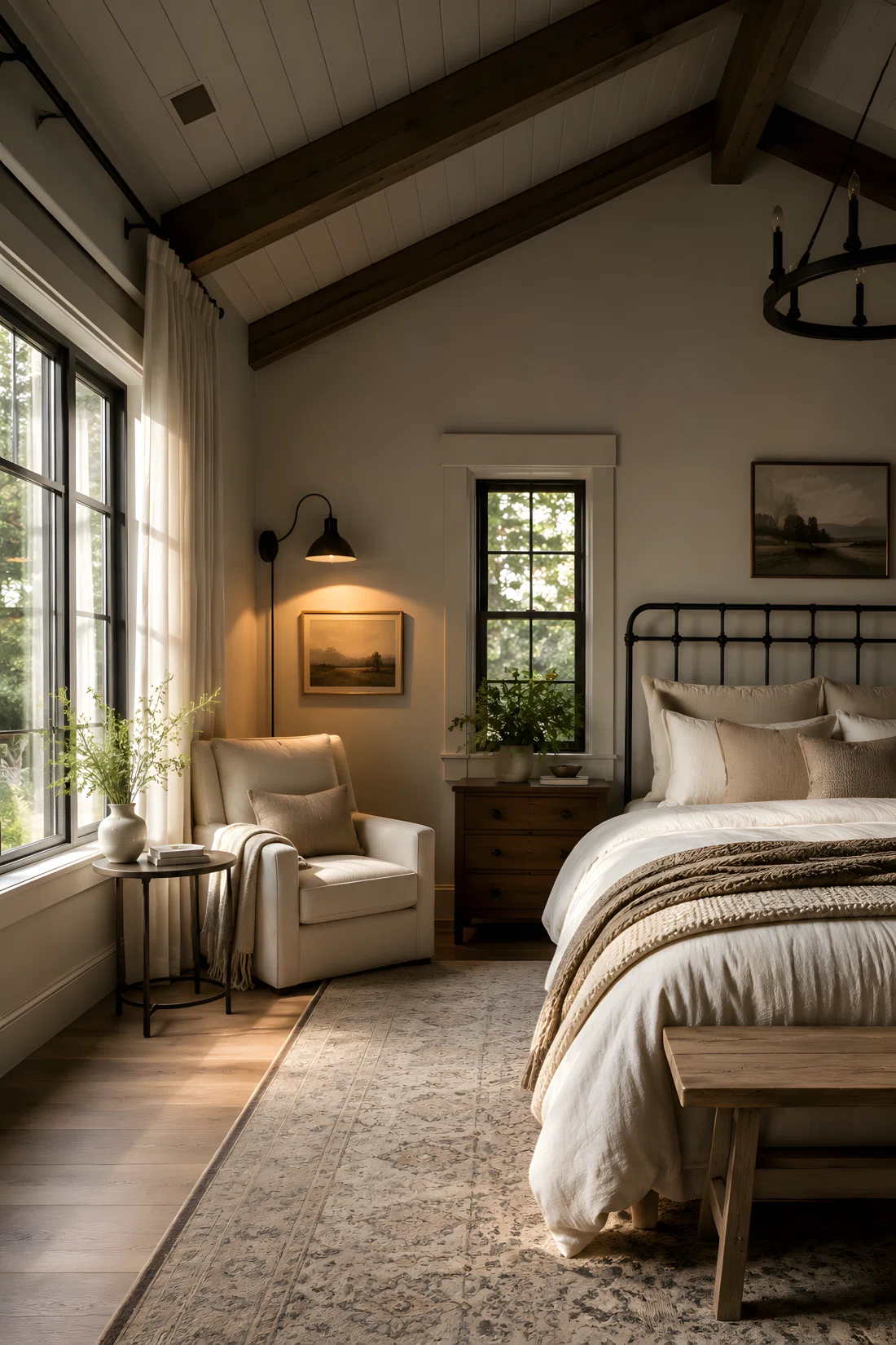 Wide-angle photographic shot of a cozy farmhouse master bedroom reading corner, real-life setting, a low upholstered armchair placed beside a large window with soft morning daylight falling directly onto the seat, a wall-mounted sconce positioned above and angled downward casting focused warm light onto the chair in the evening version, neatly arranged small side table, organized and clean styling, vibrant natural tones, full room visible from a dramatic wide camera angle, stock photography style, no people, high detail, emphasis on how the light source shapes the mood of the corner.