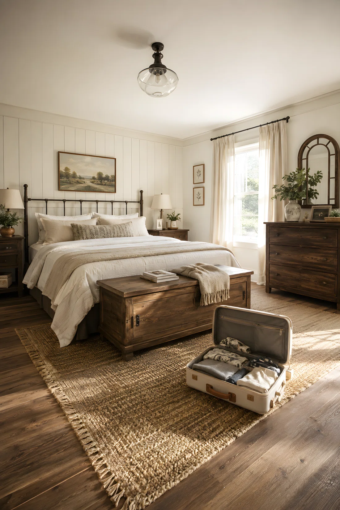 Wide-angle photographic shot of a farmhouse guest bedroom, real-life setting, a wooden storage bench with hinged lid placed neatly at the foot of the bed, an open suitcase resting beside it suggesting everyday practical use, bright natural light entering from a window, vibrant and clean color palette, entire room visible in frame, dramatic wide angle camera perspective, organized and beautifully arranged furniture, stock photography style, no people, high detail.