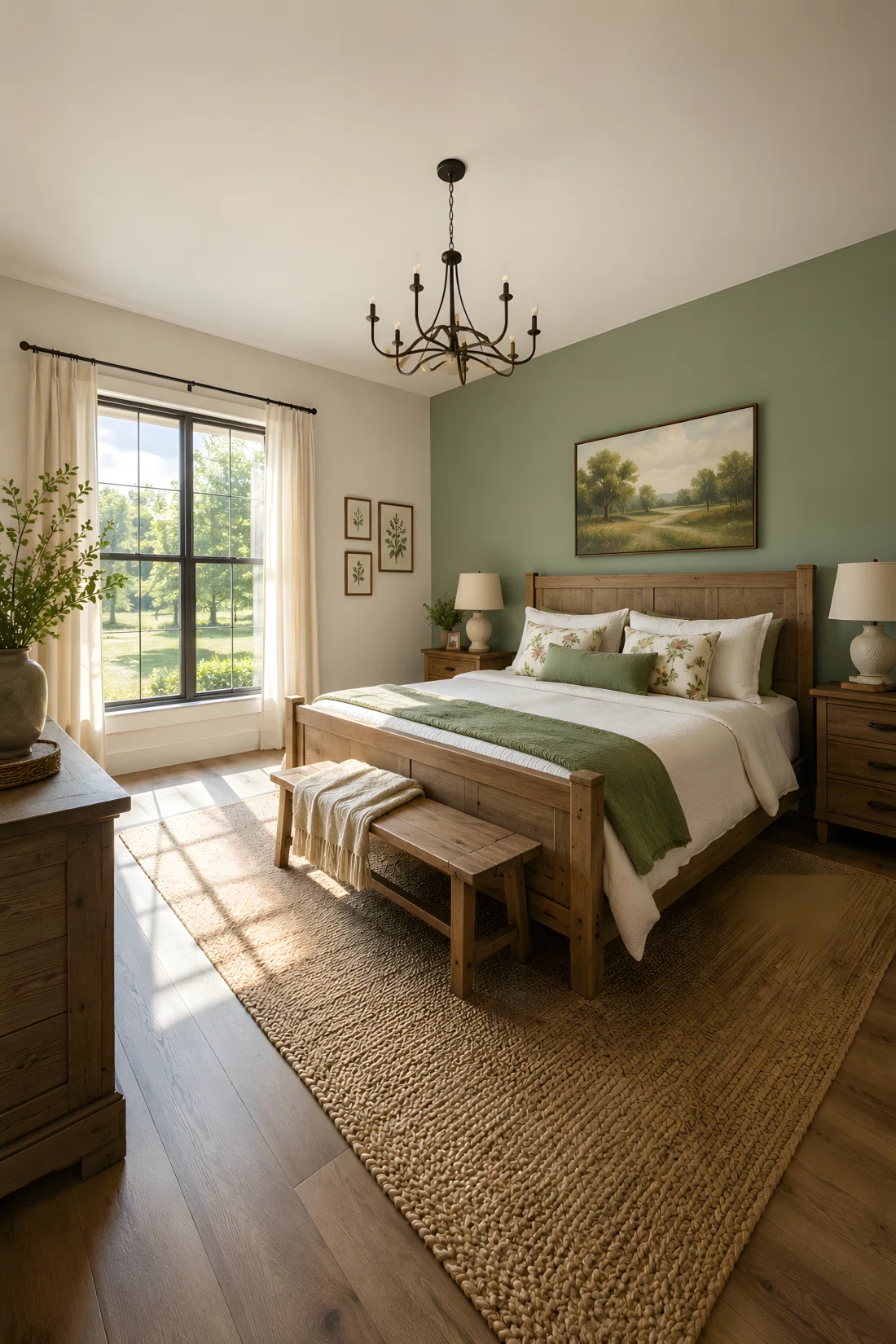 Wide-angle photographic shot of a country farmhouse bedroom, real-life setting, one accent wall painted in muted sage green (RGB 156, 175, 136) behind a natural wood bed frame, remaining walls in soft off-white, bright natural light entering from a large window, vibrant and warm overall tone, full room visible from a dramatic wide camera angle, neatly arranged and organized furniture, stock photography style, no people, high detail.