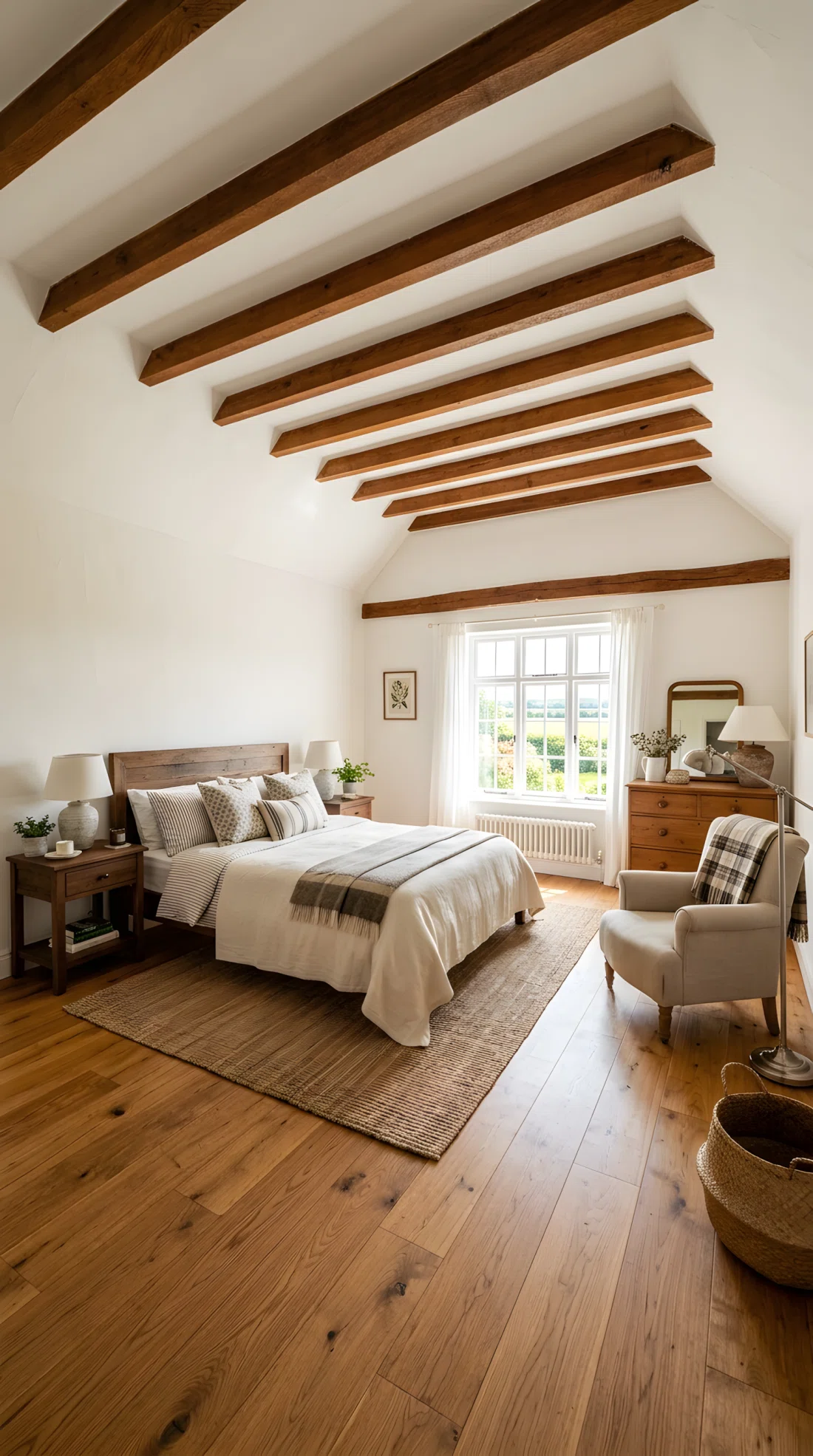 Wide-angle photographic shot of a farmhouse style bedroom, real-life setting, exposed stained wood ceiling beams running across a plain white ceiling above a neatly made bed, bright natural light entering from a window, vibrant warm wood tones, entire room visible from floor to ceiling, dramatic wide camera angle, clean and organized furniture below, stock photography style, no people, high detail.