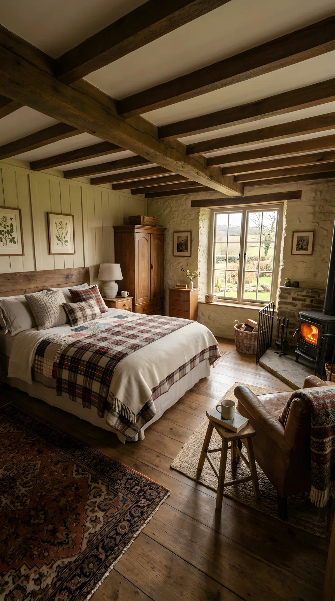 Wide-angle photographic shot of a cozy country farmhouse bedroom, real-life setting, a small enclosed wood burning stove in a corner away from the bed, a single low chair positioned nearby, warm glowing light from the stove mixing with natural daylight from a window, vibrant and inviting tones, entire room visible, dramatic wide camera angle, clean and organized styling, stock photography style, no people, high detail.
