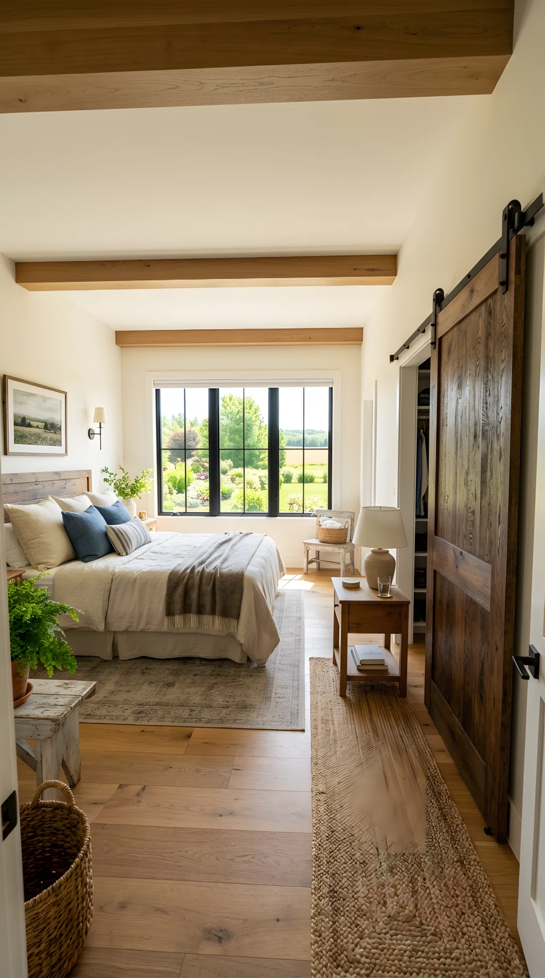 Wide-angle photographic shot of a farmhouse master bedroom, real-life setting, a wood sliding barn door on a black metal track mounted over a closet opening, positioned beside a nightstand with clear walking space, bright natural light entering from a nearby window, vibrant natural tones, full room visible, dramatic wide camera angle, neatly organized space, stock photography style, no people, high detail.