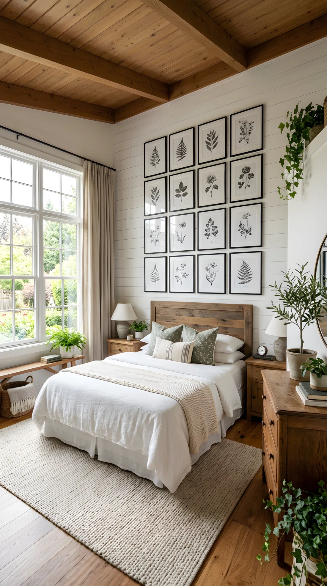 Wide-angle photographic shot of a farmhouse bedroom, real-life setting, a grid gallery wall of black and white botanical prints in matching thin black frames above a bed, neatly aligned and evenly spaced, bright natural light entering from a side window, vibrant natural tones throughout the room, full room visible, dramatic wide camera angle, clean and organized styling, stock photography style, no people, high detail.