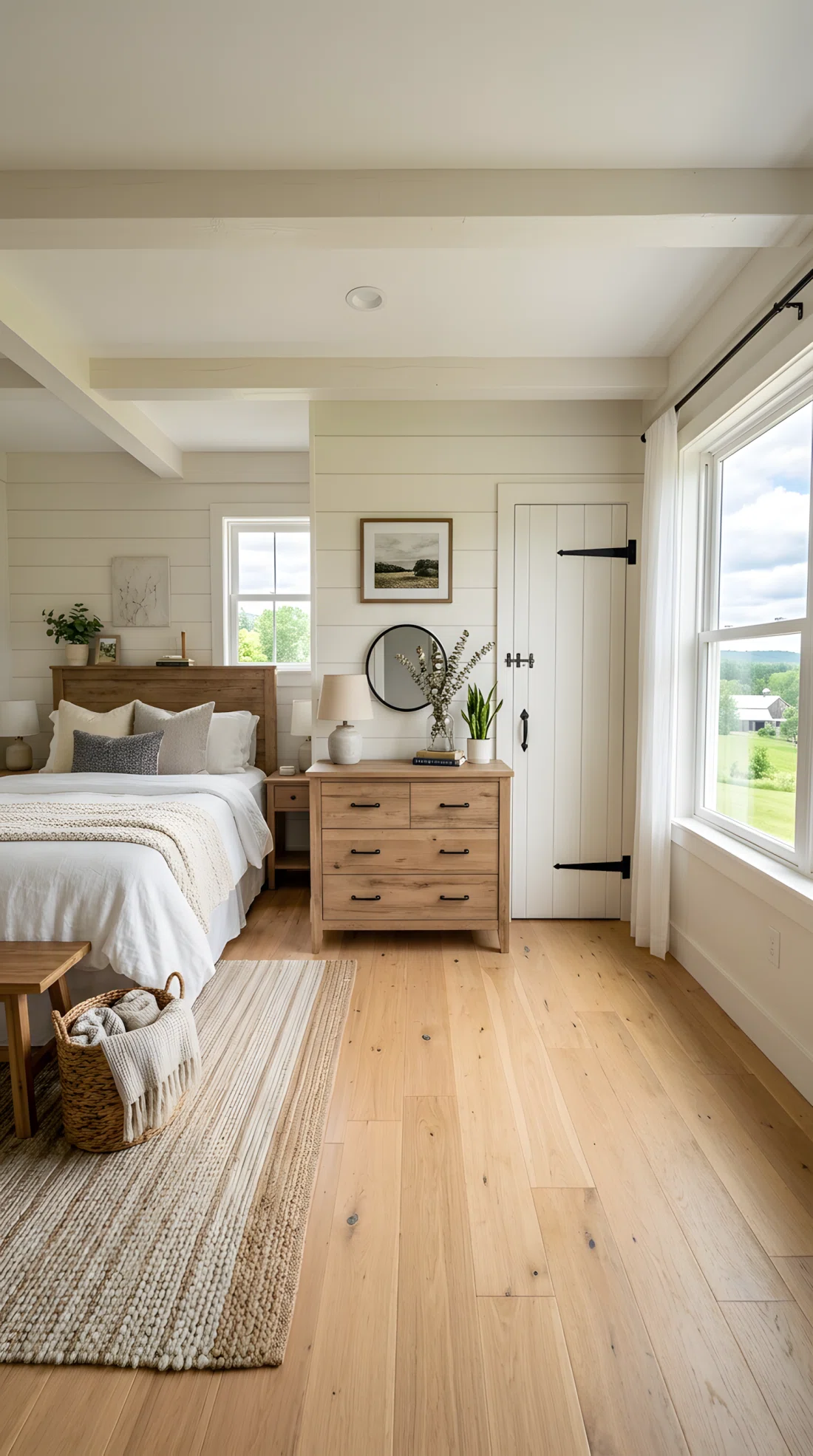 Wide-angle photographic shot of a modern farmhouse bedroom, real-life setting, close focus balanced within a wide room view on a wood dresser fitted with matte black pulls and a closet door with matching black hinges, bright natural light entering from a window, vibrant clean tones, entire room visible, dramatic wide camera angle, neatly organized and styled space, stock photography style, no people, high detail.