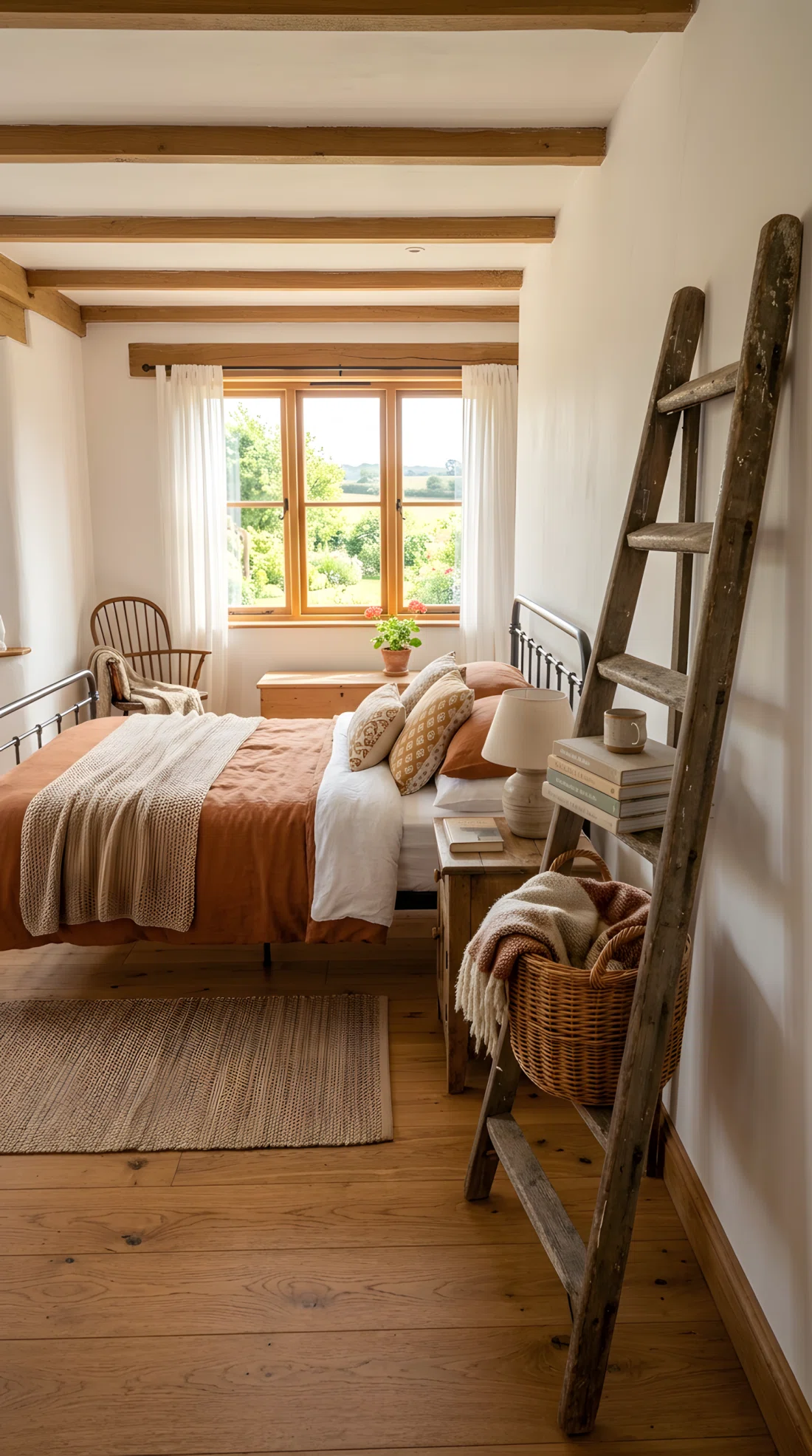 Wide-angle photographic shot of a farmhouse bedroom, real-life setting, a weathered wooden ladder leaned against a plain wall holding a few stacked books and a woven basket, bright natural light entering from a window, vibrant warm tones, entire room visible, dramatic wide camera angle, neatly organized and clean styling, stock photography style, no people, high detail.