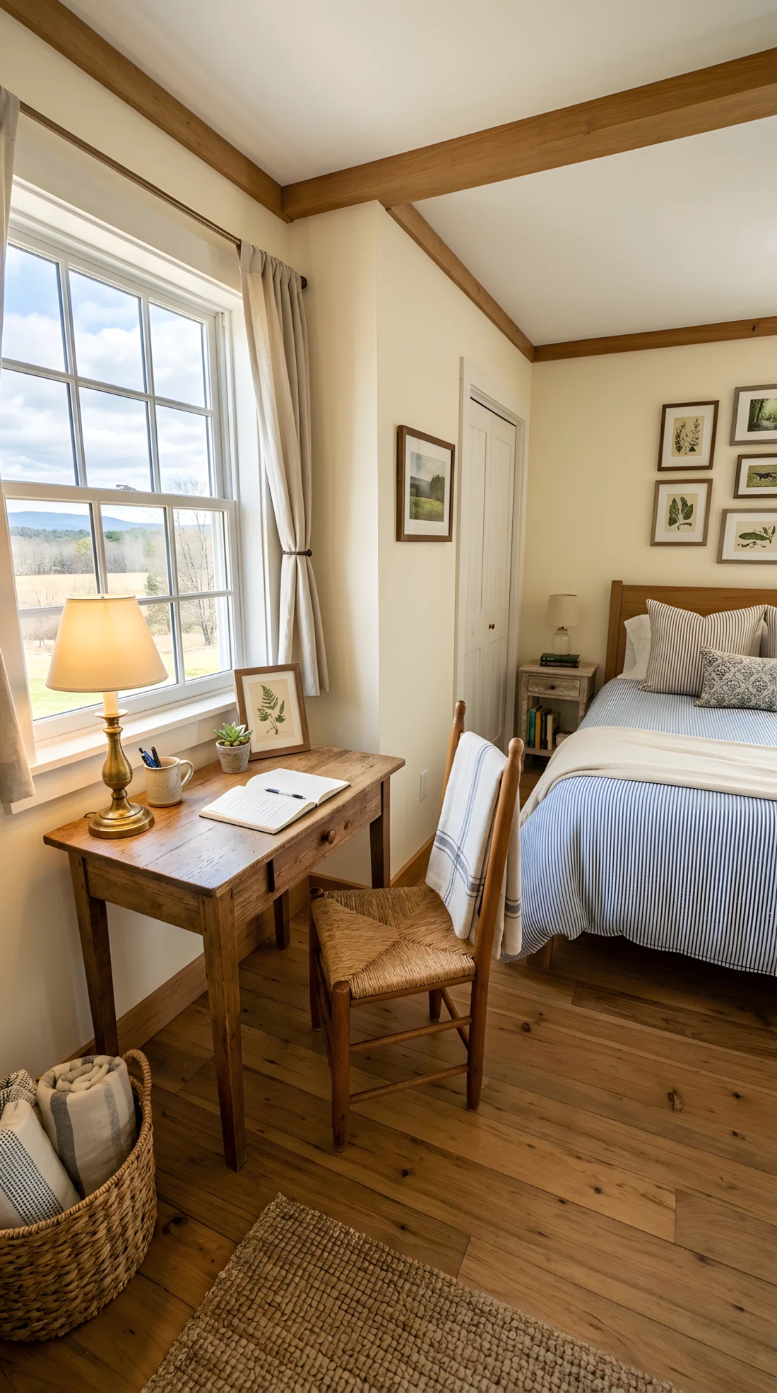 Wide-angle photographic shot of a farmhouse guest bedroom, real-life setting, a small wood desk with one drawer and a simple wood chair positioned in a corner near a window, bright natural light entering from outside, vibrant clean tones, entire room visible, dramatic wide camera angle, neatly organized and styled space, stock photography style, no people, high detail.