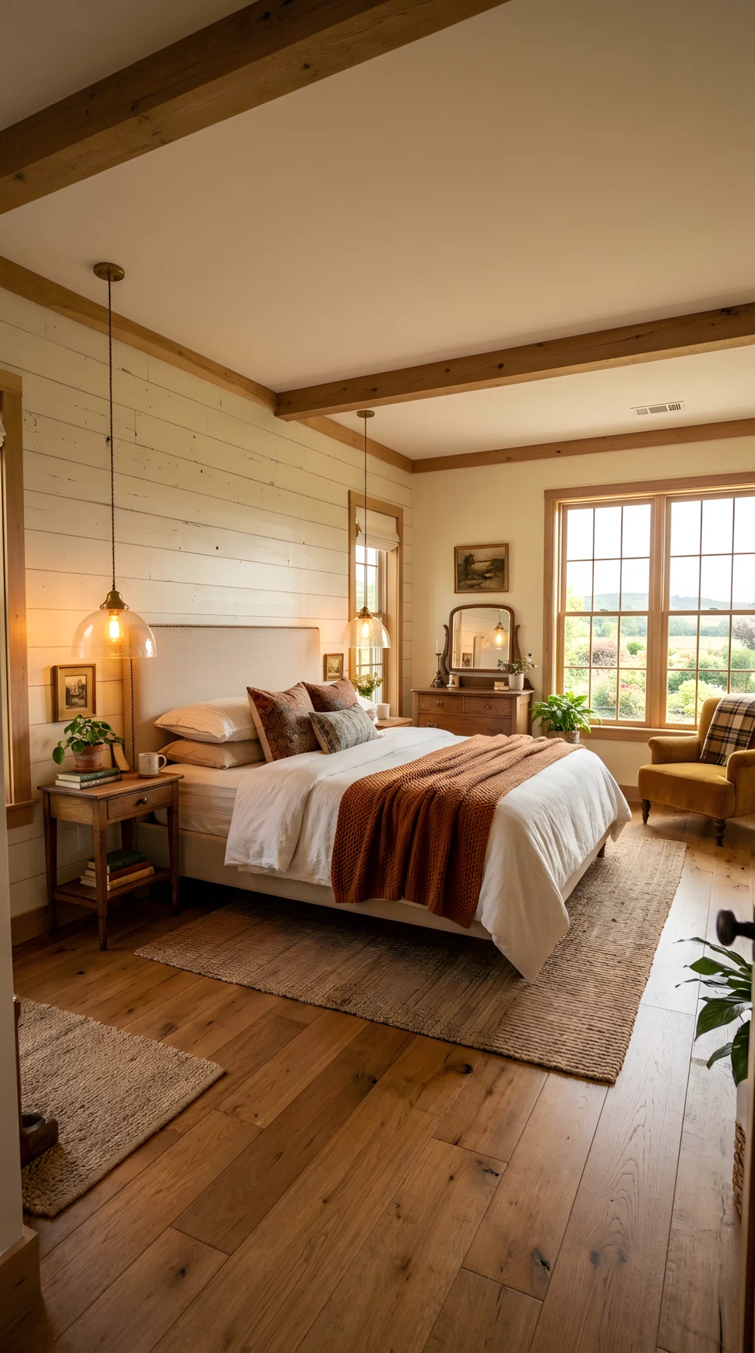 Wide-angle photographic shot of a cozy farmhouse master bedroom, real-life setting, two matching pendant lights hung low on either side of a bed at reading height, warm glowing light mixing with soft natural daylight from a window, vibrant tones, entire room visible, dramatic wide camera angle, clean and organized styling, stock photography style, no people, high detail, emphasis on the pendant height and its effect on the mood of the space.