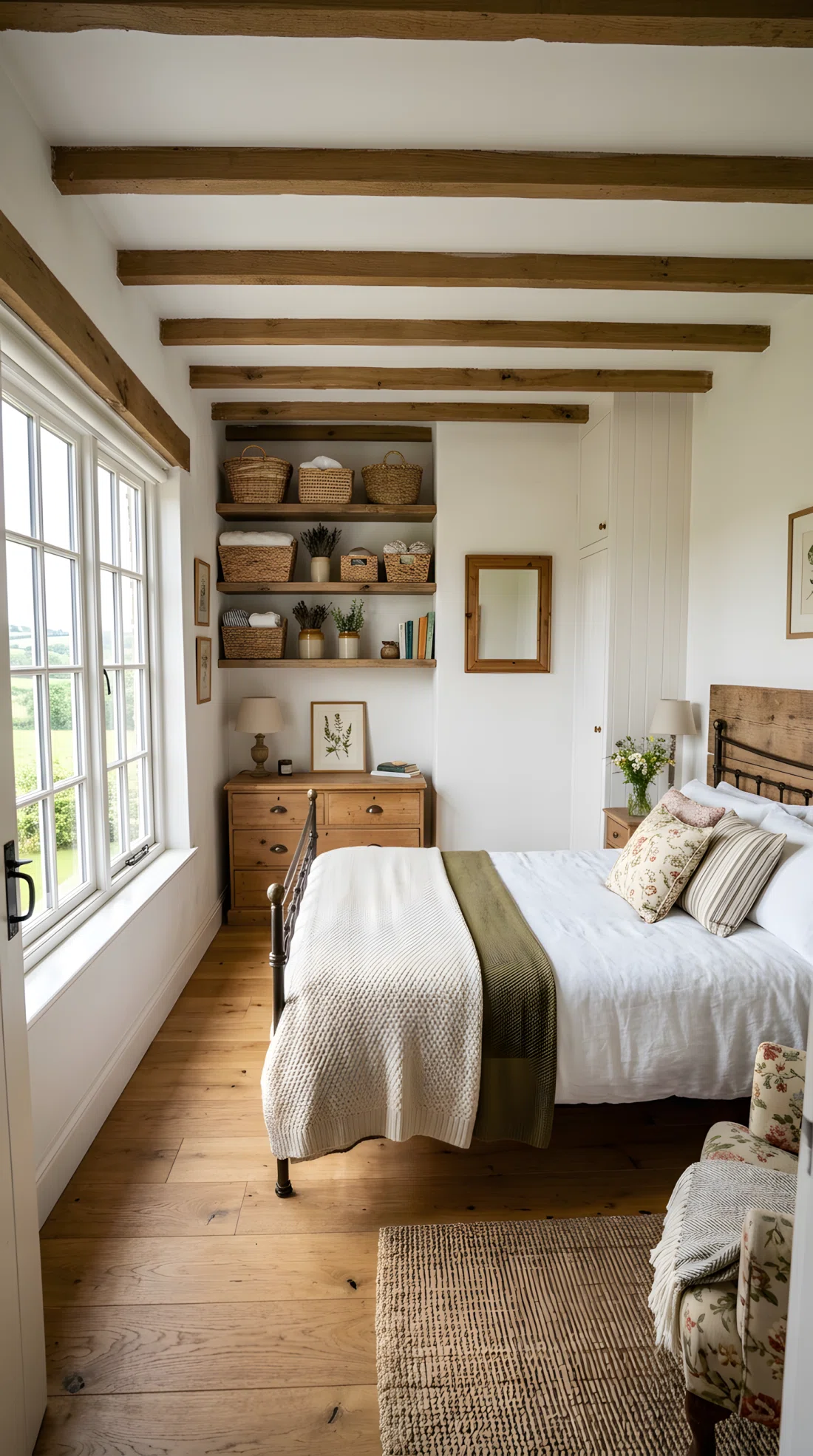 Wide-angle photographic shot of a country farmhouse bedroom, real-life setting, open wood shelving mounted above a low dresser holding neatly arranged woven baskets, bright natural light entering from a nearby window, vibrant natural tones, entire room visible, dramatic wide camera angle, clean and organized styling, stock photography style, no people, high detail.