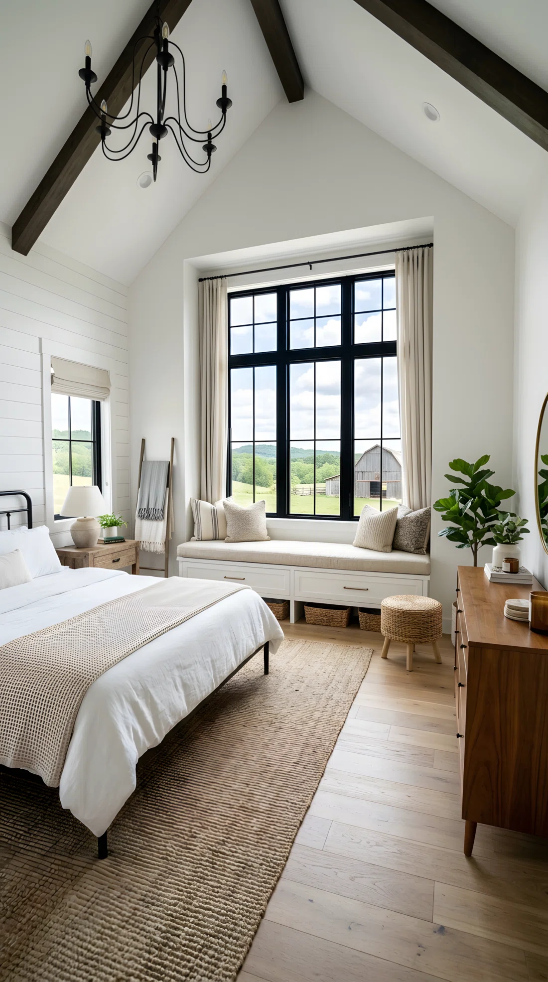 Wide-angle photographic shot of a modern farmhouse bedroom, real-life setting, a built-in window seat with a lift-top storage base positioned under a large window, bright natural light pouring into the room, vibrant clean tones, entire room visible, dramatic wide camera angle, neatly organized and styled space, stock photography style, no people, high detail.