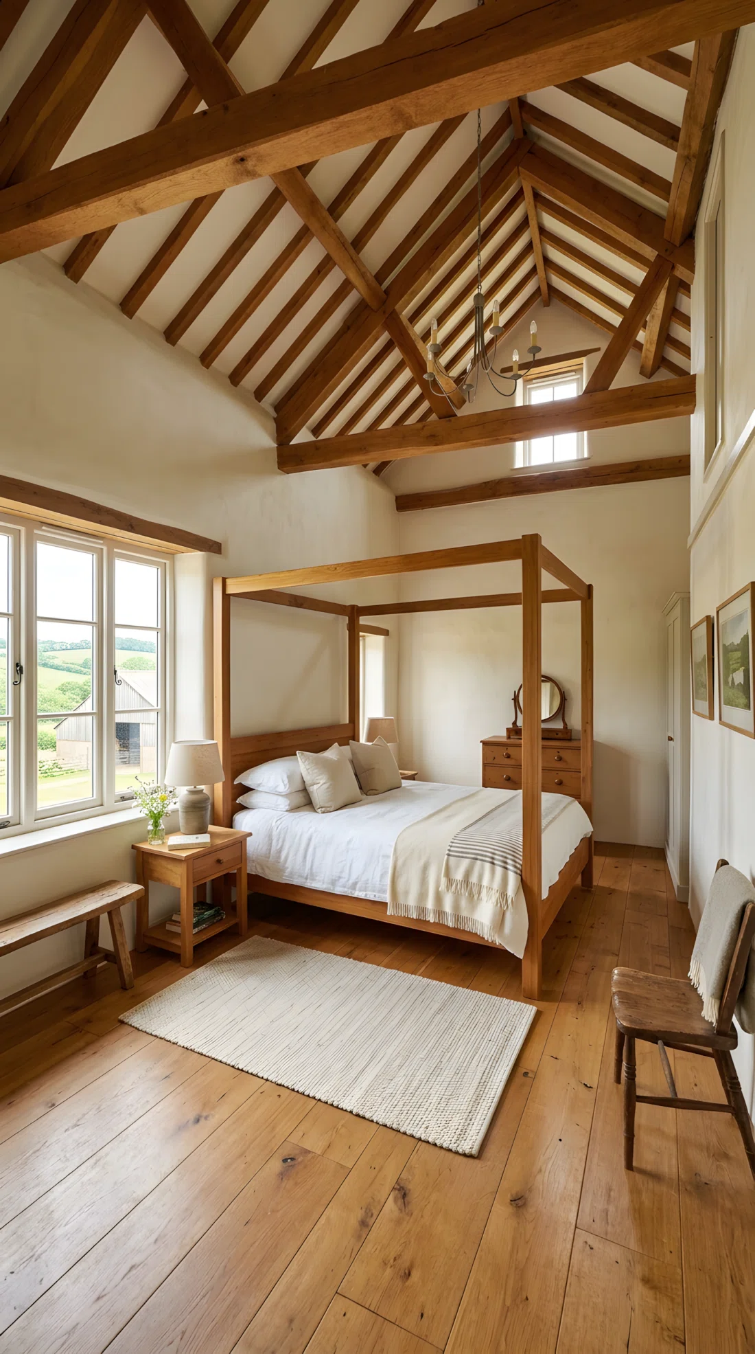 Wide-angle photographic shot of a farmhouse bedroom with high ceilings, real-life setting, a simple unadorned wood four poster bed frame as the room's focal point, bright natural light entering from a window, vibrant warm wood tones, entire room visible from floor to ceiling, dramatic wide camera angle, neatly organized and clean styling, stock photography style, no people, high detail.