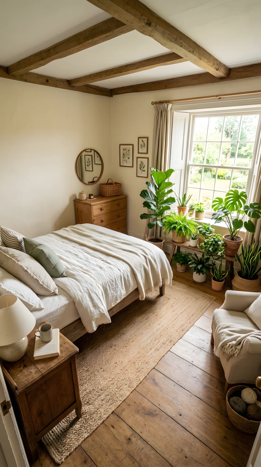 Wide-angle photographic shot of a cozy country farmhouse bedroom, real-life setting, a grouped cluster of potted plants of varying heights in a corner near a window, bright natural light entering from outside, vibrant green tones against warm neutral walls, entire room visible, dramatic wide camera angle, clean and organized styling, stock photography style, no people, high detail.