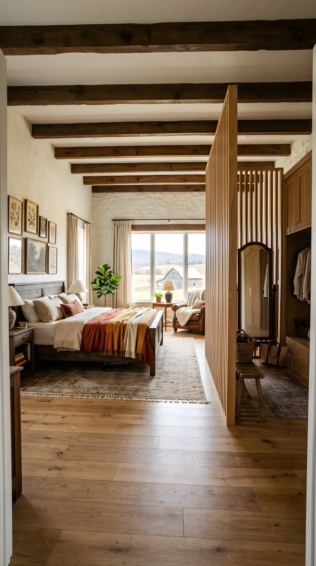 Wide-angle photographic shot of a farmhouse master bedroom, real-life setting, a freestanding wood slat room divider positioned near a closet creating a defined dressing nook, bright natural light entering from a window, vibrant warm tones, entire room visible, dramatic wide camera angle, neatly organized and styled space, stock photography style, no people, high detail.