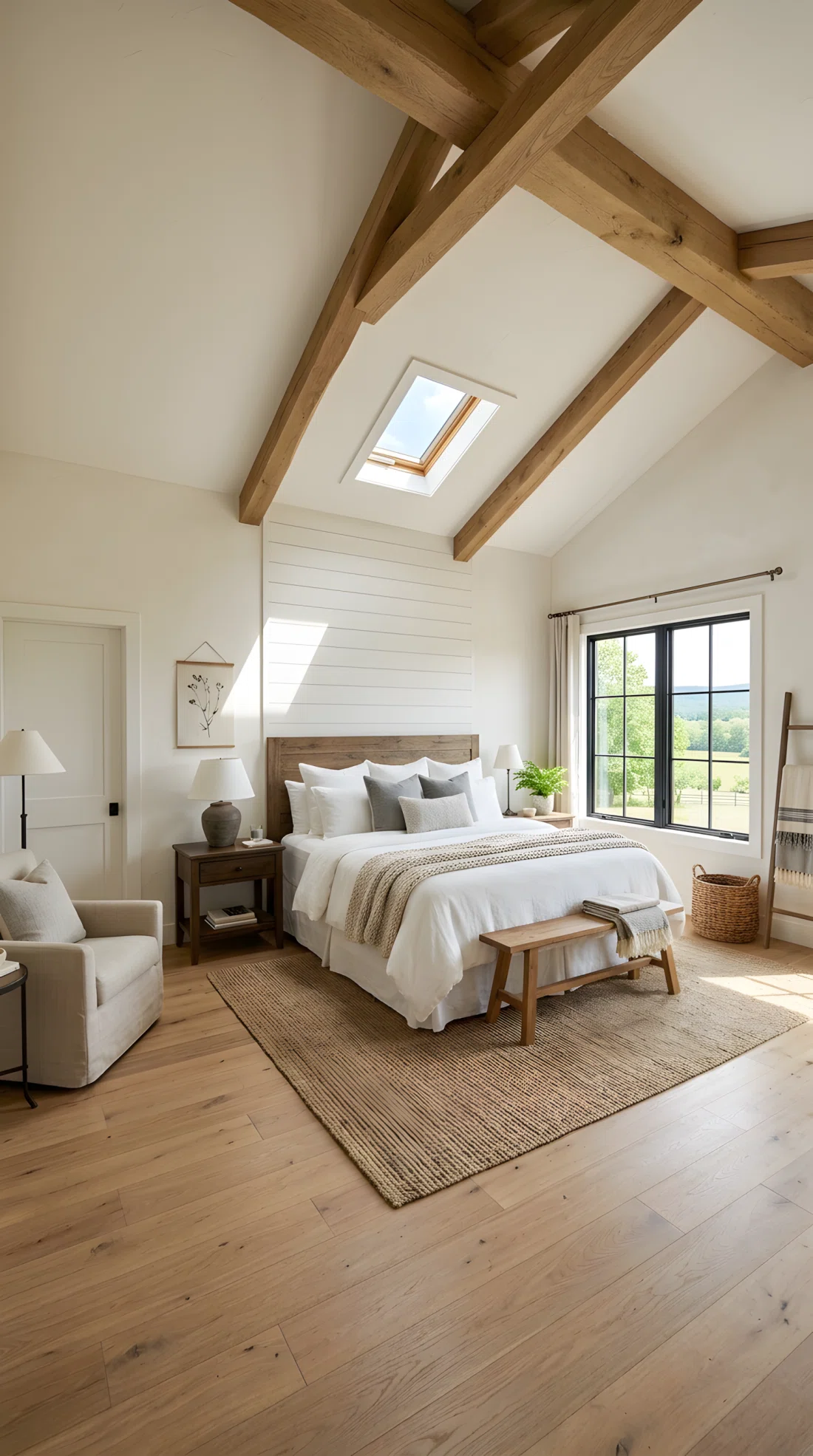 Wide-angle photographic shot of a modern farmhouse bedroom, real-life setting, a small skylight positioned directly above the bed alongside a standard side window, sunlight pouring in evenly across the room from two directions, vibrant bright tones, entire room visible, dramatic wide camera angle, clean and organized styling, stock photography style, no people, high detail, emphasis on how the light position brightens the whole space evenly.