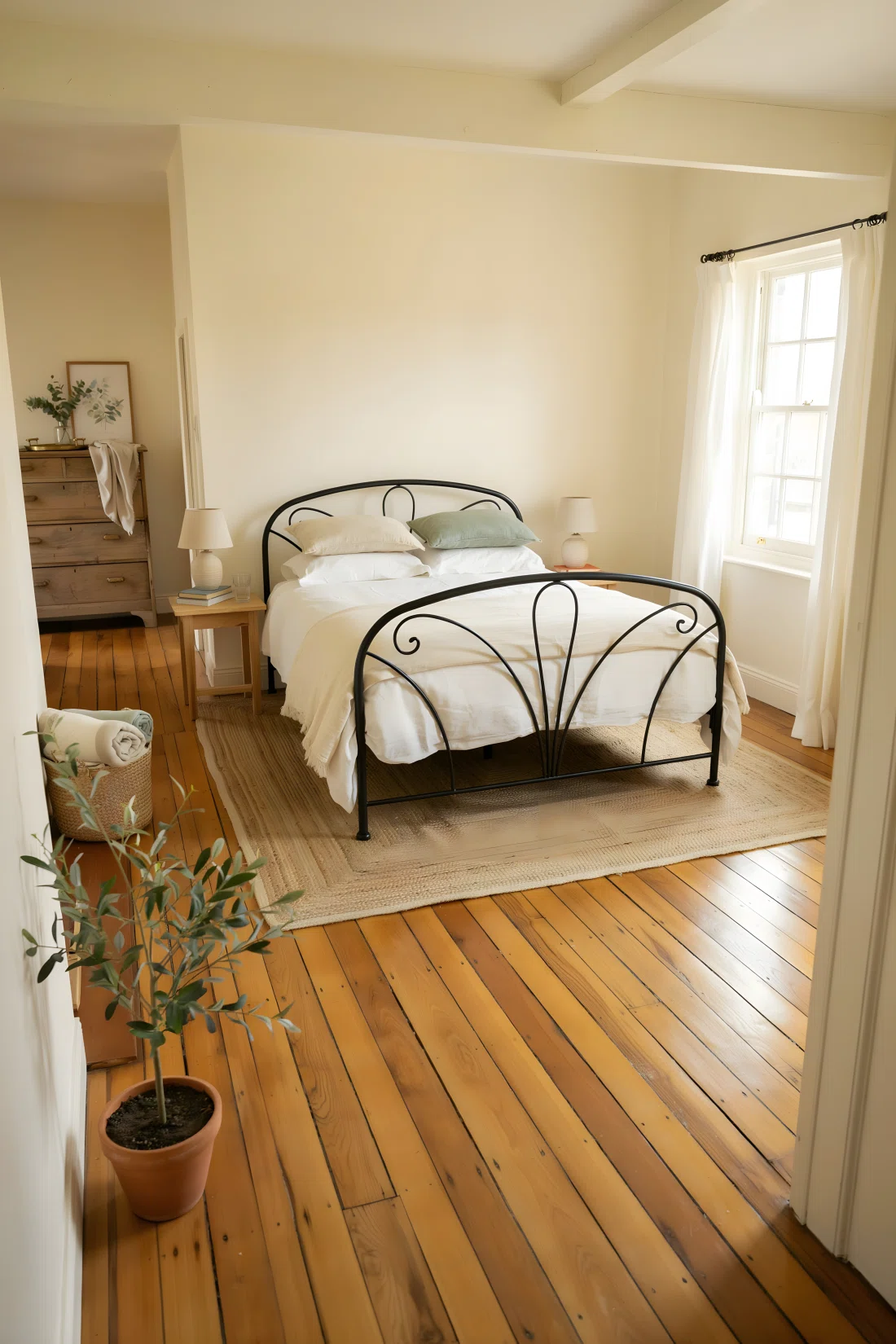 Wide-angle photographic shot of a farmhouse bedroom, real-life setting, a black cast iron bed frame with a curved scroll silhouette as the room's focal point, surrounded by simple wood furniture, bright natural light entering from a window, vibrant warm tones, entire room visible, dramatic wide camera angle, clean and organized styling, stock photography style, no people, high detail.